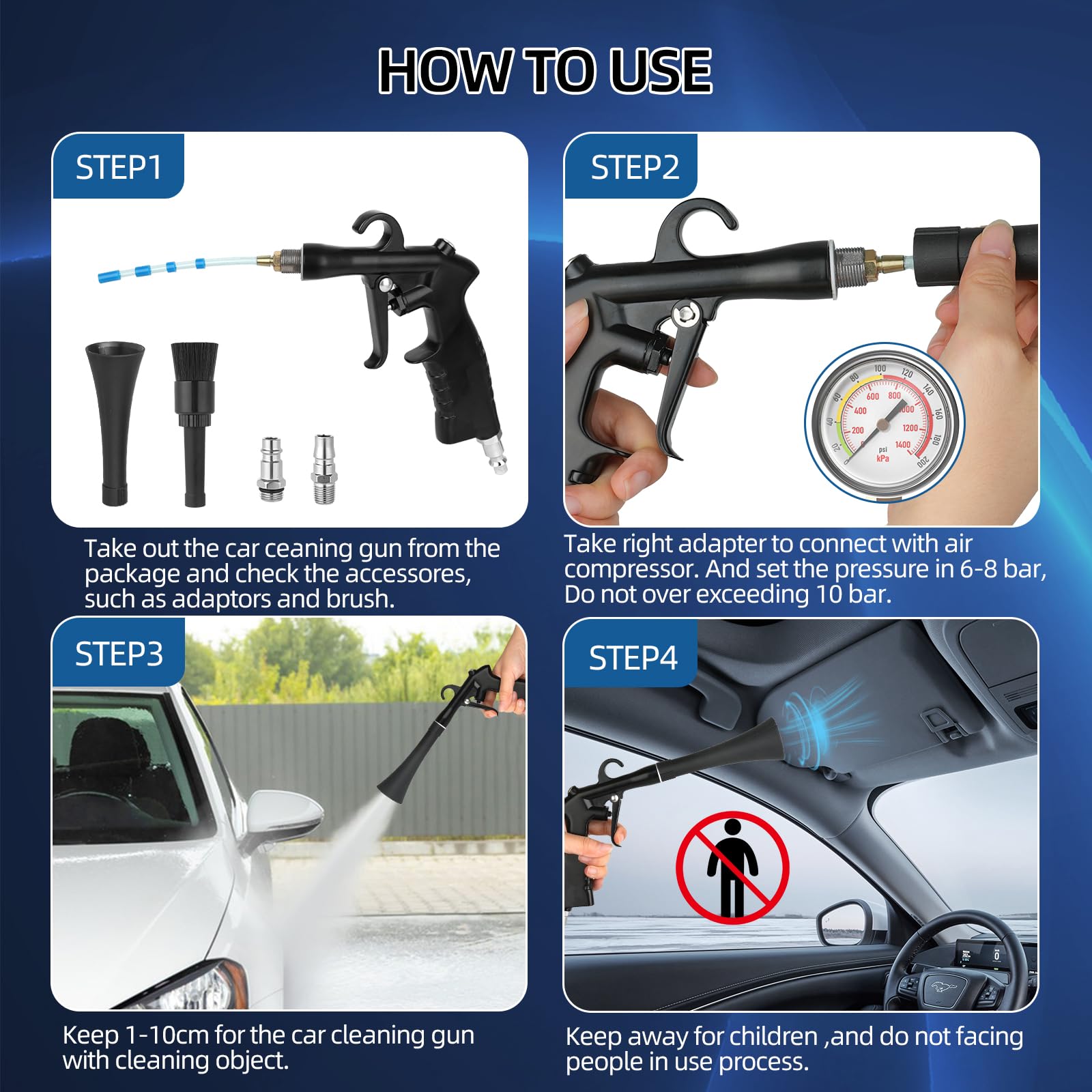 High Pressure Car Cleaning Gun - Detailing Air Blow Gun for Interior & Exterior, Car Dryer & Dust Blower with Nozzle & Detailing Brush - Compatible with Air Compressor - Perfect for Auto Detailing, Washing, and Quick Drying