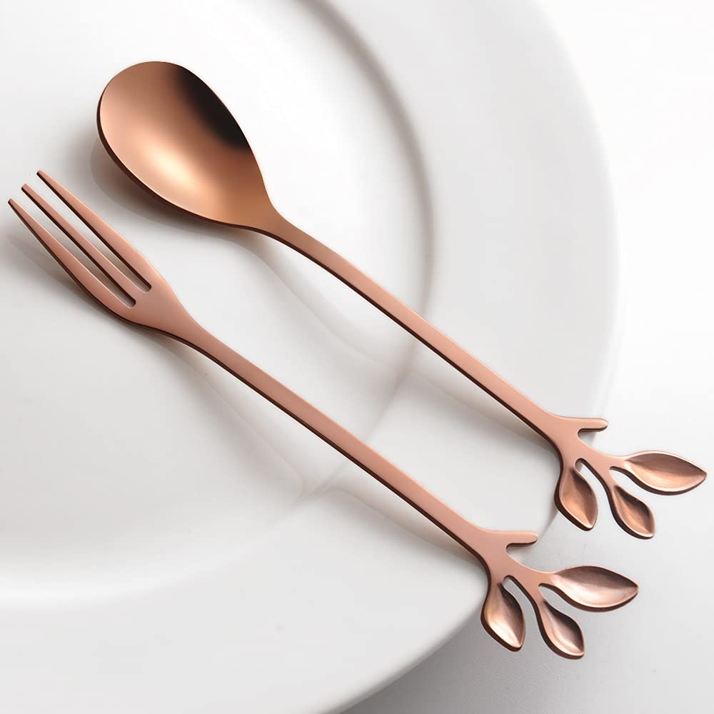 AnSaw 4.7-Inch Gold Small Swan Base Coffee Spoon & Fruit Fork Set - Rose Gold Leaf Handle, 4-Piece Spoon & 4-Piece Fork Set for Tea Party, Dessert, Wedding, and Home Decor