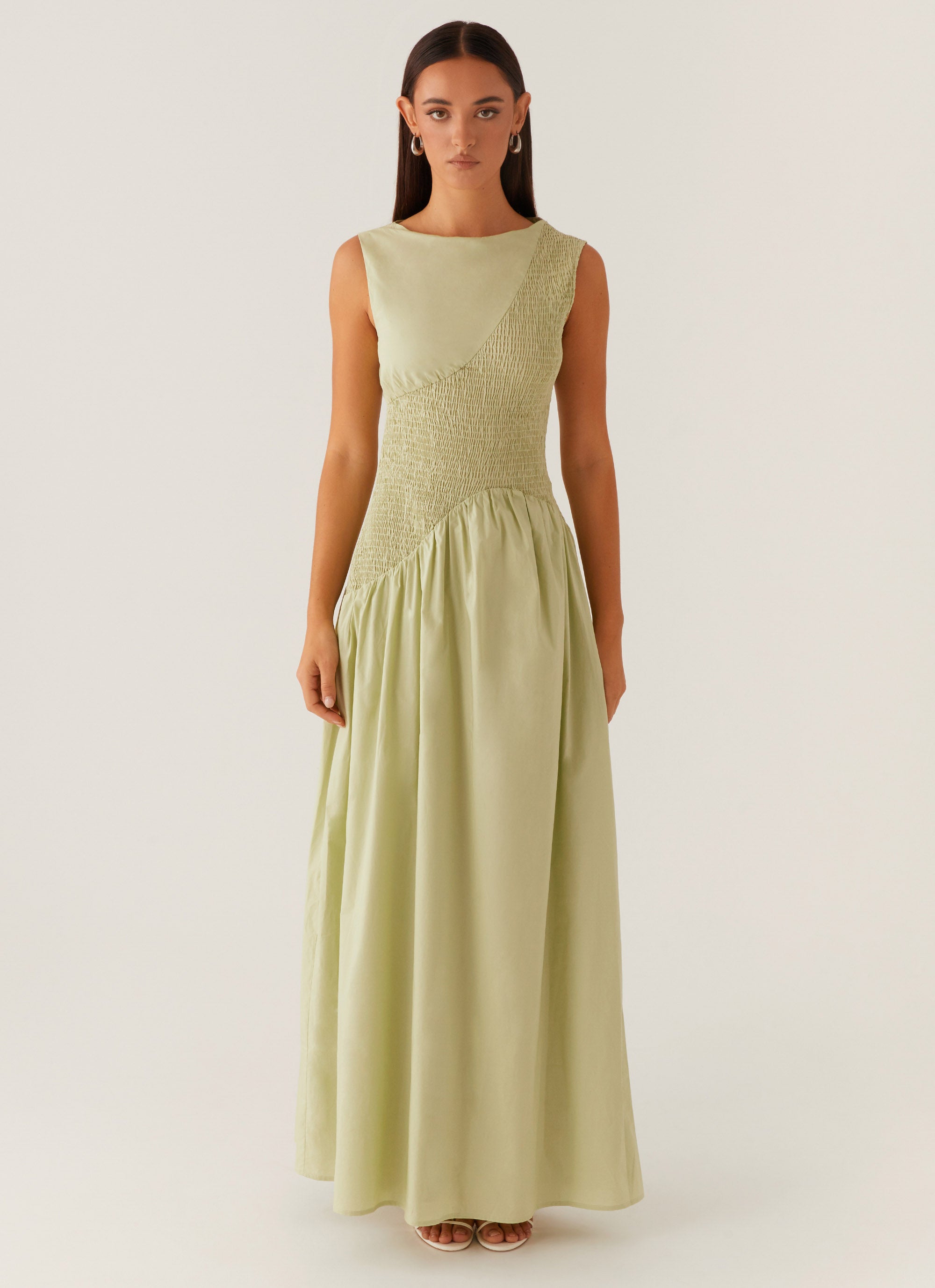 Altitude Shirred Maxi Dress in Pastel Green - Flowy Summer Boho Dress for Beach, Vacation & Casual Outings