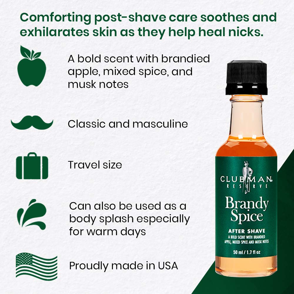 Clubman Reserve Brandy Spice After Shave Lotion 1.7 fl oz (2-Pack) - Soothing Post-Shave Care for Men, Classic Barbershop Scent - Perfect for Grooming Kits & Gift Sets