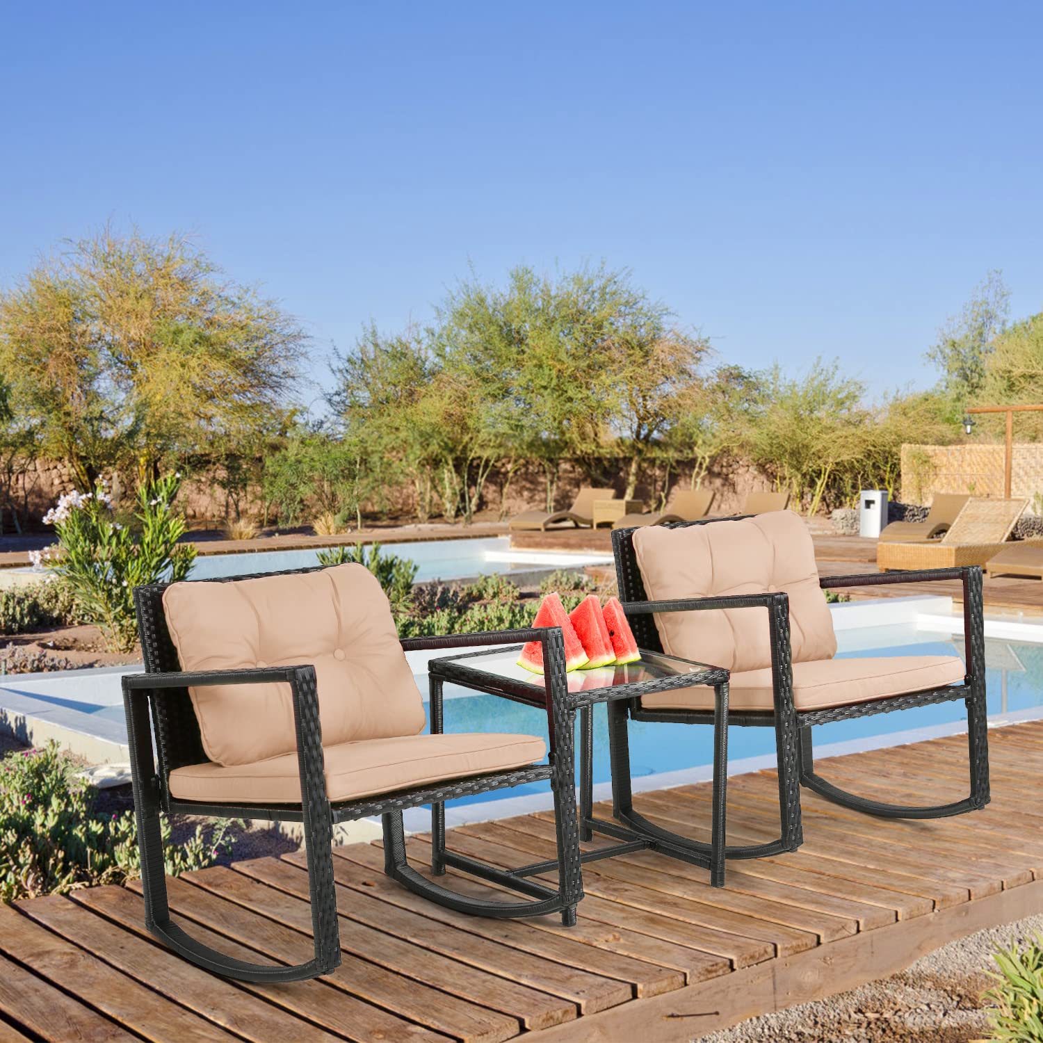 3-Piece Outdoor Rocking Bistro Set - Wicker Patio Furniture with Rattan Chairs & Thick Cushions, Glass Coffee Table - Perfect for Porch, Garden, and Backyard Relaxation