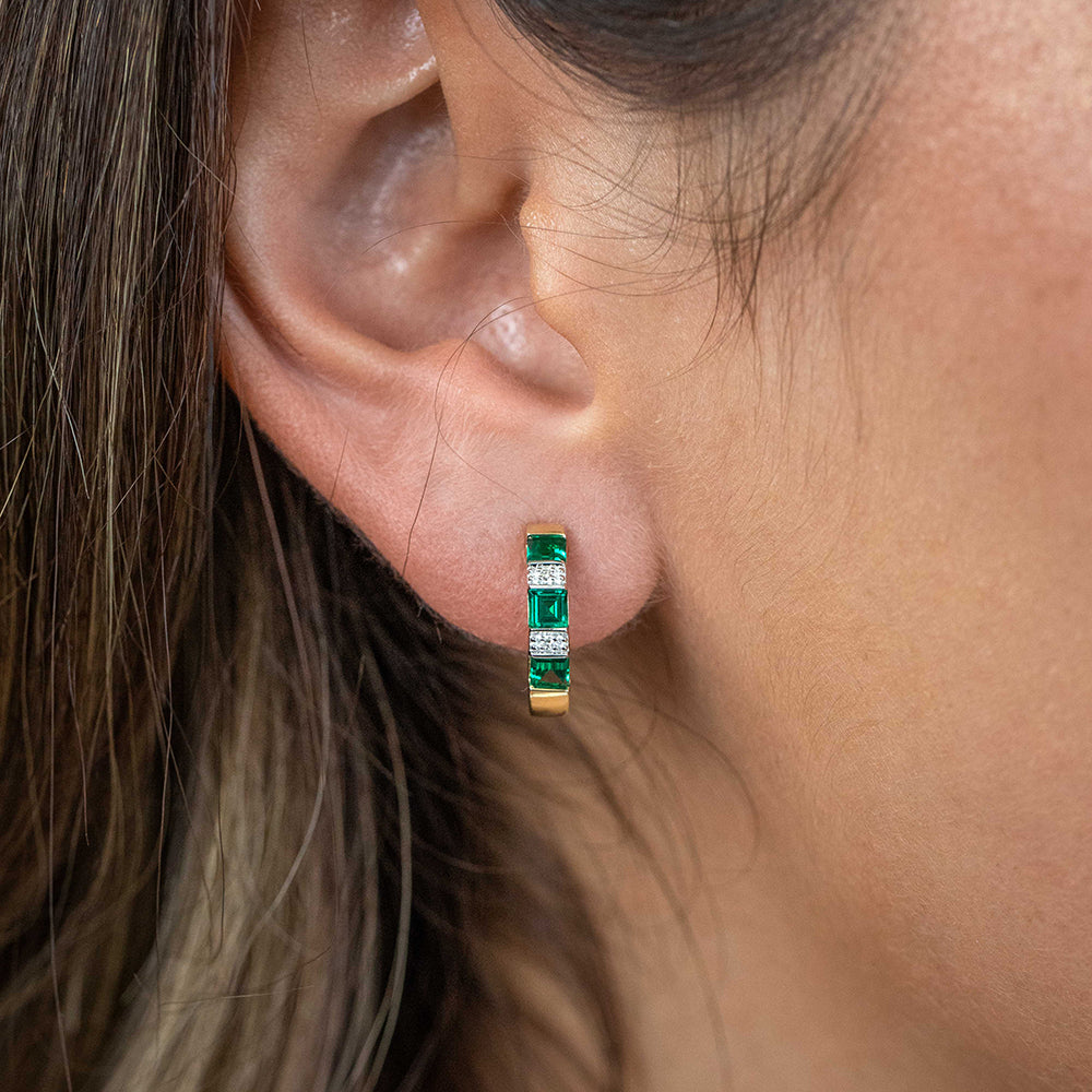 9ct Gold Created Emerald and Diamond Huggie Earrings for Women - Perfect for Weddings, Parties & Everyday Elegance