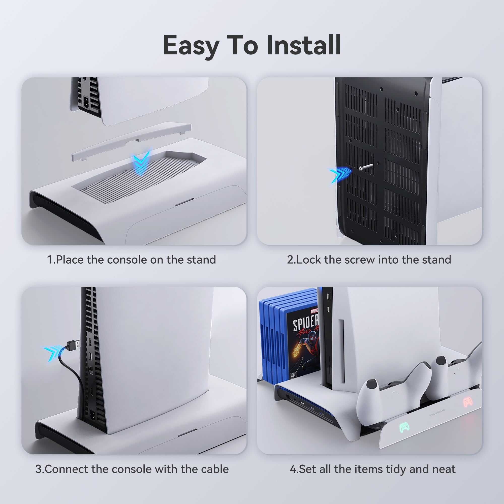 KIWIHOME Vertical Cooling Stand for PS5 - Multi-Functional Base with RGB Lighting, Dual Controller Charging Station & 10 Game Slots - Compatible with PS5 Disc & Digital Edition - Perfect for Gaming Setup & Console Cooling