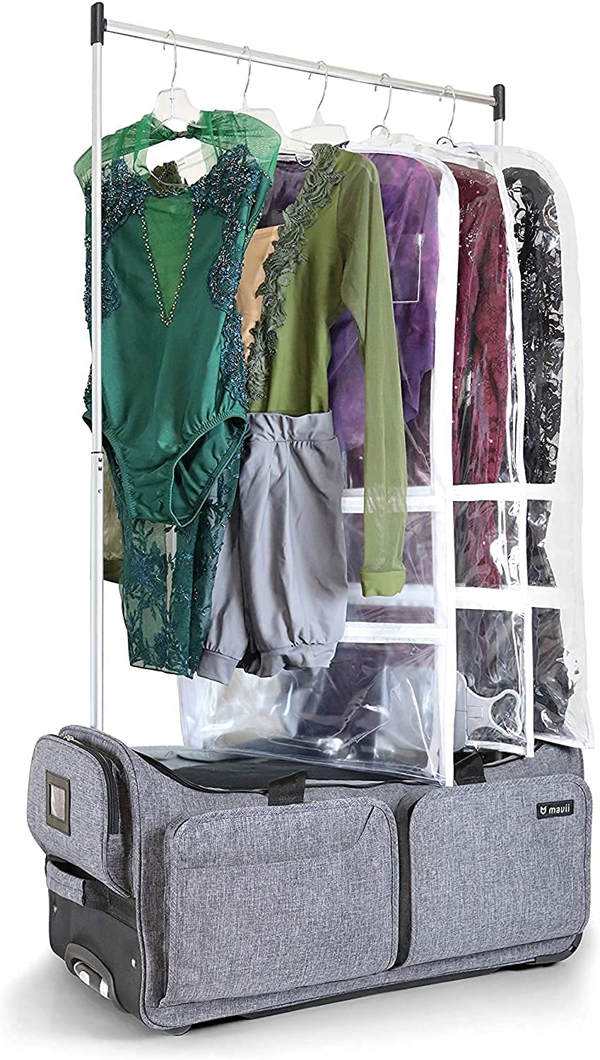 **Mavii 28-Inch Rolling Duffel Dance Bag with Lightweight Aluminum Garment Rack – Portable Wheeled Upright Luggage for Dance Competitions, Travel & Performances – Easy Assembly, Heathered Gray**    *(Use Cases: Perfect for dancers, performers, and travelers needing organized storage and wrinkle-free garment transport.)*