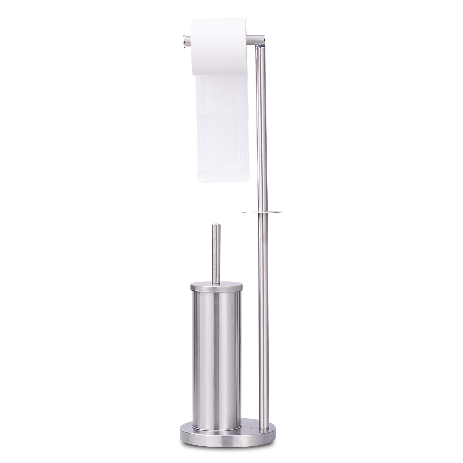 Nuovoo Freestanding Toilet Paper Holder Stand with Toilet Brush Holder - Chrome Bathroom Tissue Storage Organizer & Dispenser - Perfect for Small Bathrooms, Powder Rooms, and RVs