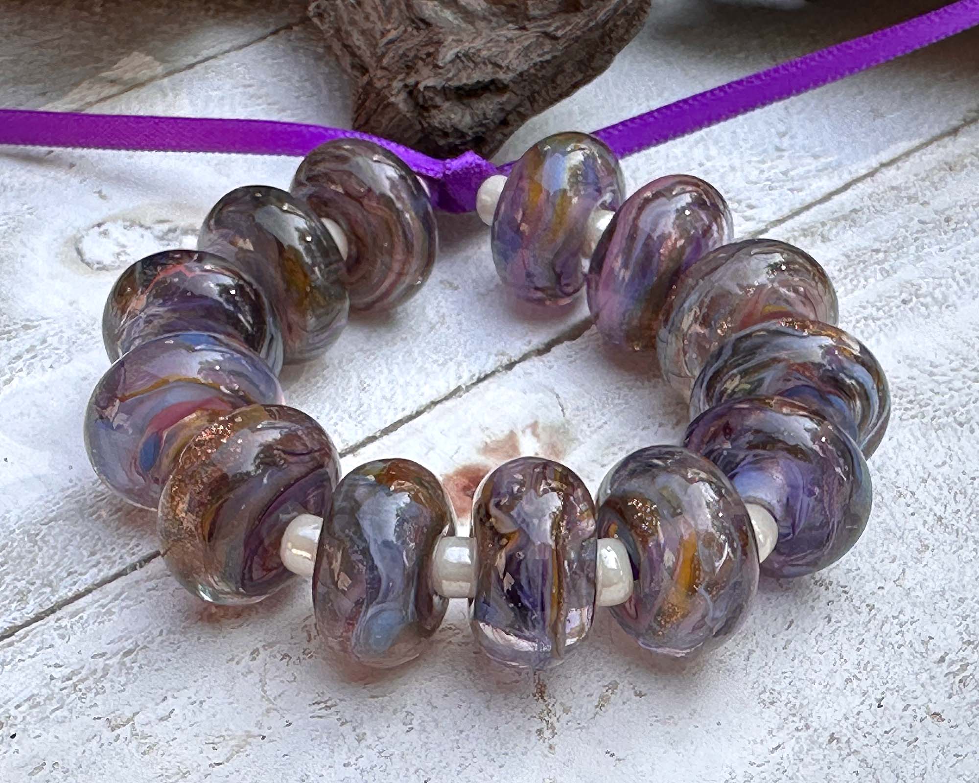 13 Purple Blue Swirl Lampwork Glass Beads Set for Jewelry Making - DIY Bracelet, Necklace & Craft Projects (SRA)