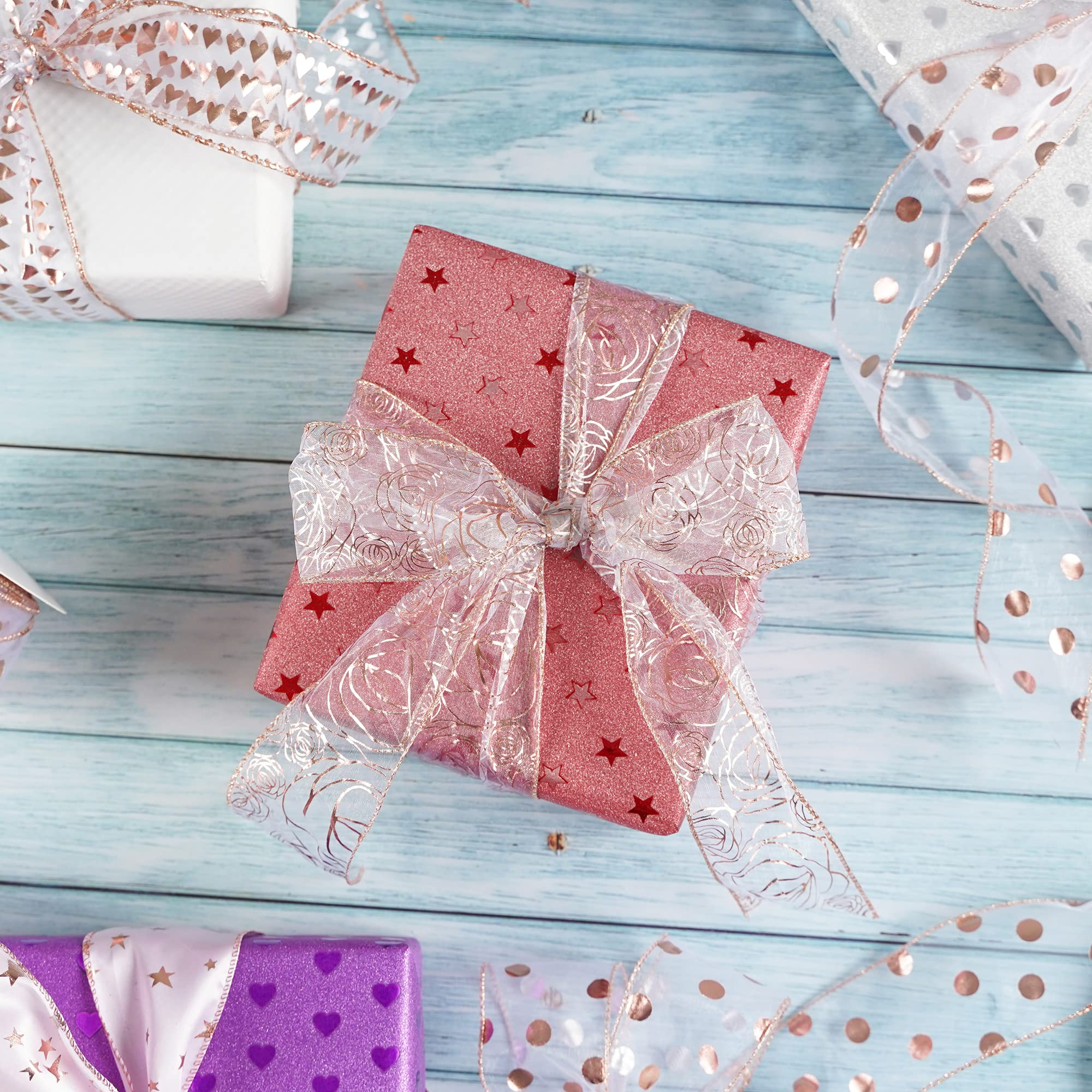 MEEDEE Floral Rose Wired 2.5 Inch Rose Gold Organza Sheer Ribbon - 25 Yards Roll for Wedding Bouquets, Crafts, Valentine Bow Making, Gift Wrapping & Home Decor (Pink) - Perfect for DIY Projects, Party Decorations & Bridal Accessories
