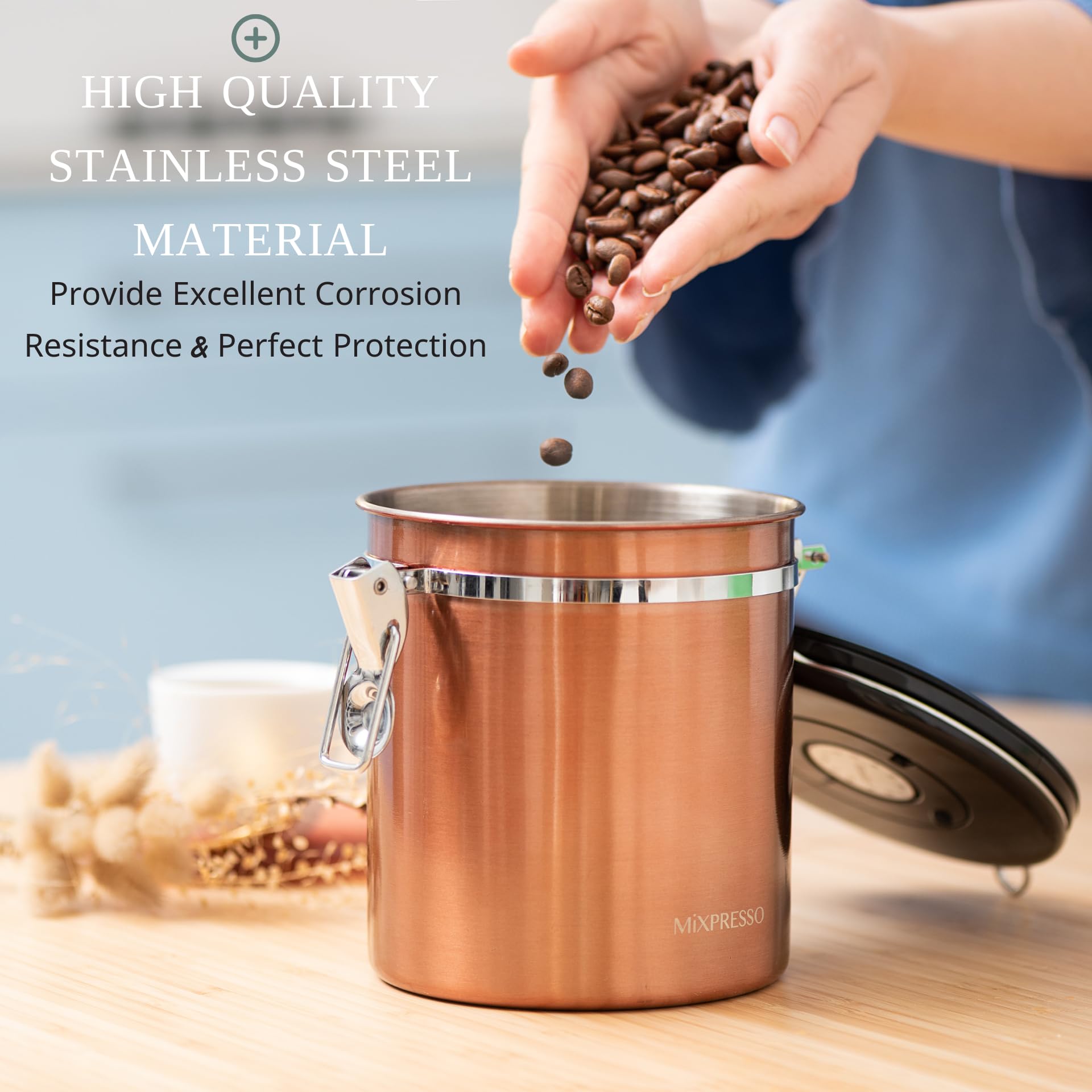 Mixpresso Bronze Stainless Steel Airtight Coffee Container with Date Tracker - 16oz Vacuum Sealed Storage Jar for Coffee Beans, Grounds & Tea - Perfect for Kitchen Countertop, Pantry or Office Use