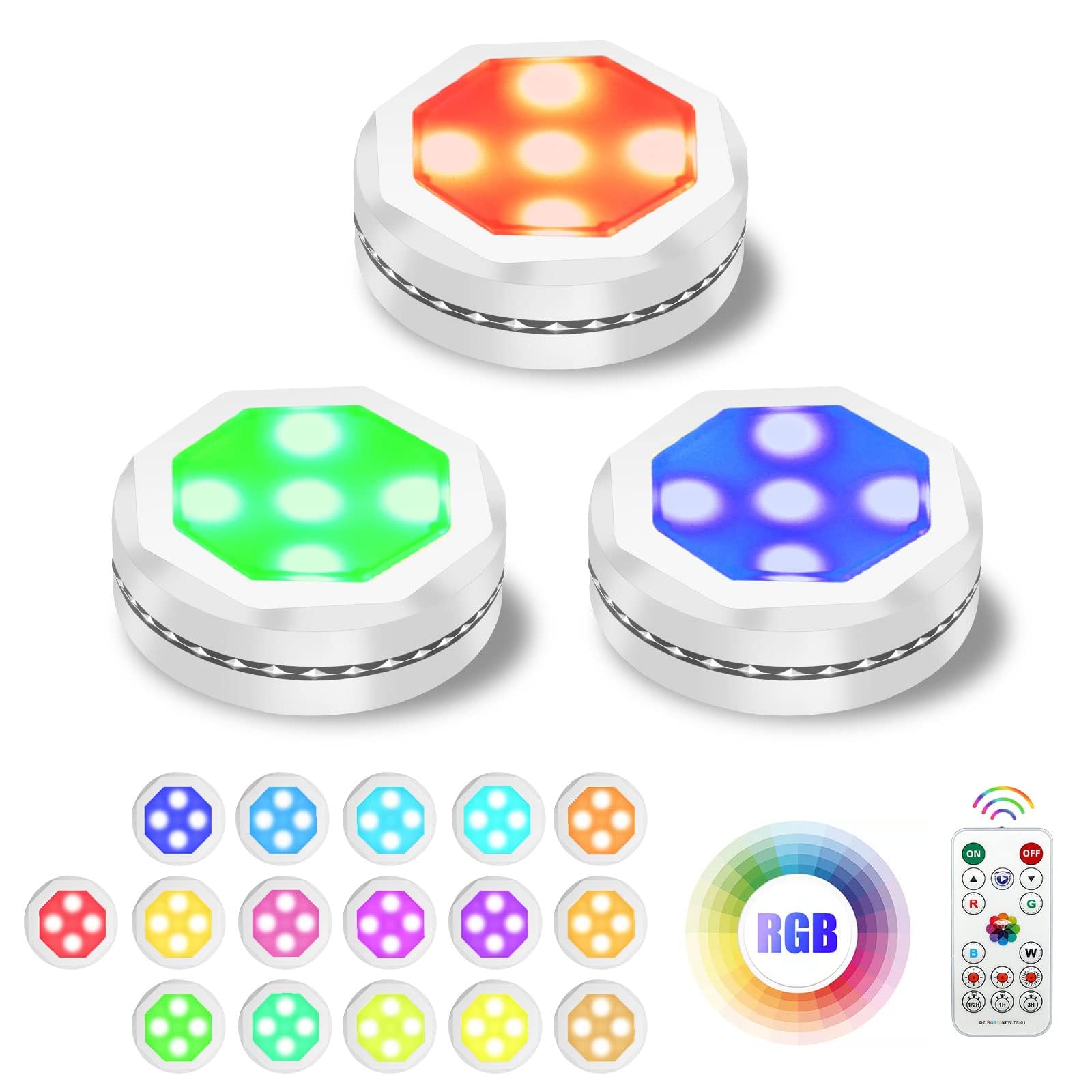 Color Changing Dimmable LED Puck Lights - 3500K Battery Operated Under Cabinet Lighting with Timer, Stick-On Mini Lights for Kitchen, Closet, Counter, Bookshelf & Display Cases