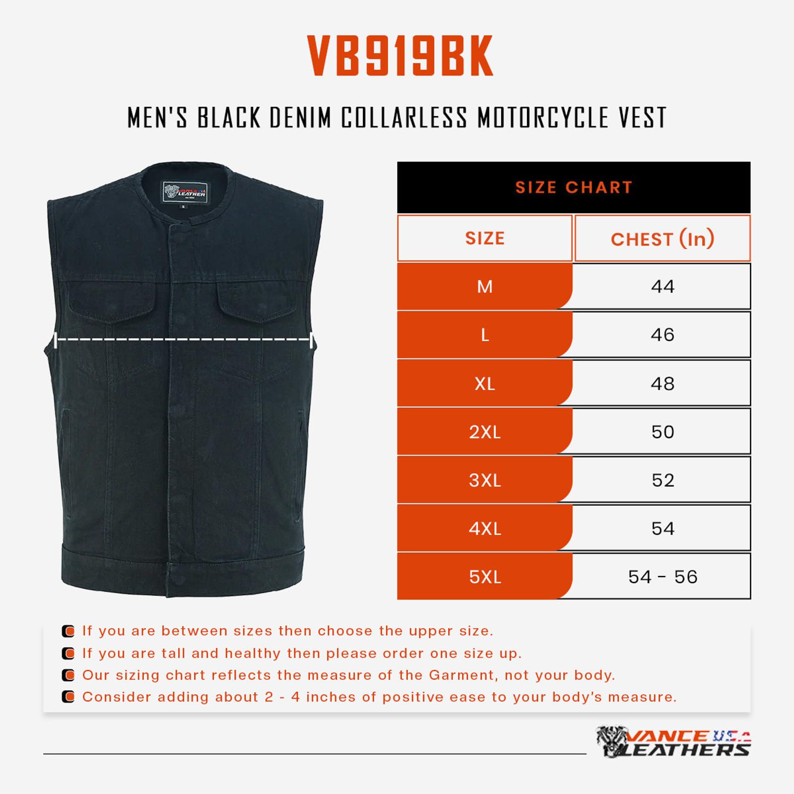 Vance Leather Men's Black Denim Collarless Club Vest with Conceal Carry Pockets - Stylish Motorcycle Jacket for Bikers & Outdoor Enthusiasts