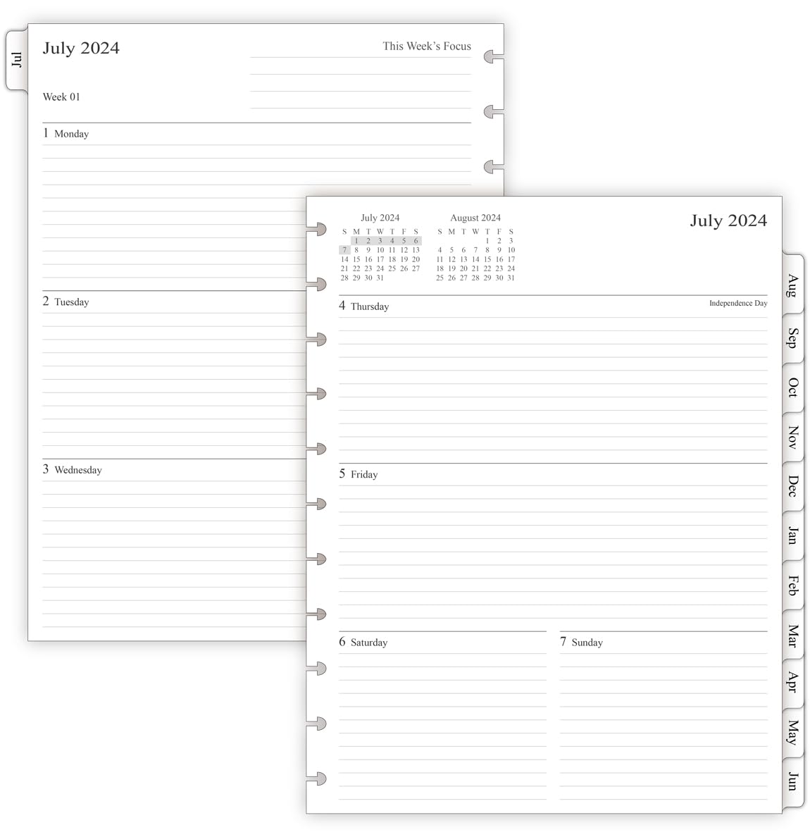 Newestor 2024-2025 Weekly & Monthly Discbound Planner Refills - July 2024 to June 2025 Calendar with 11-Disc Punch Holes - Letter Size 8.5