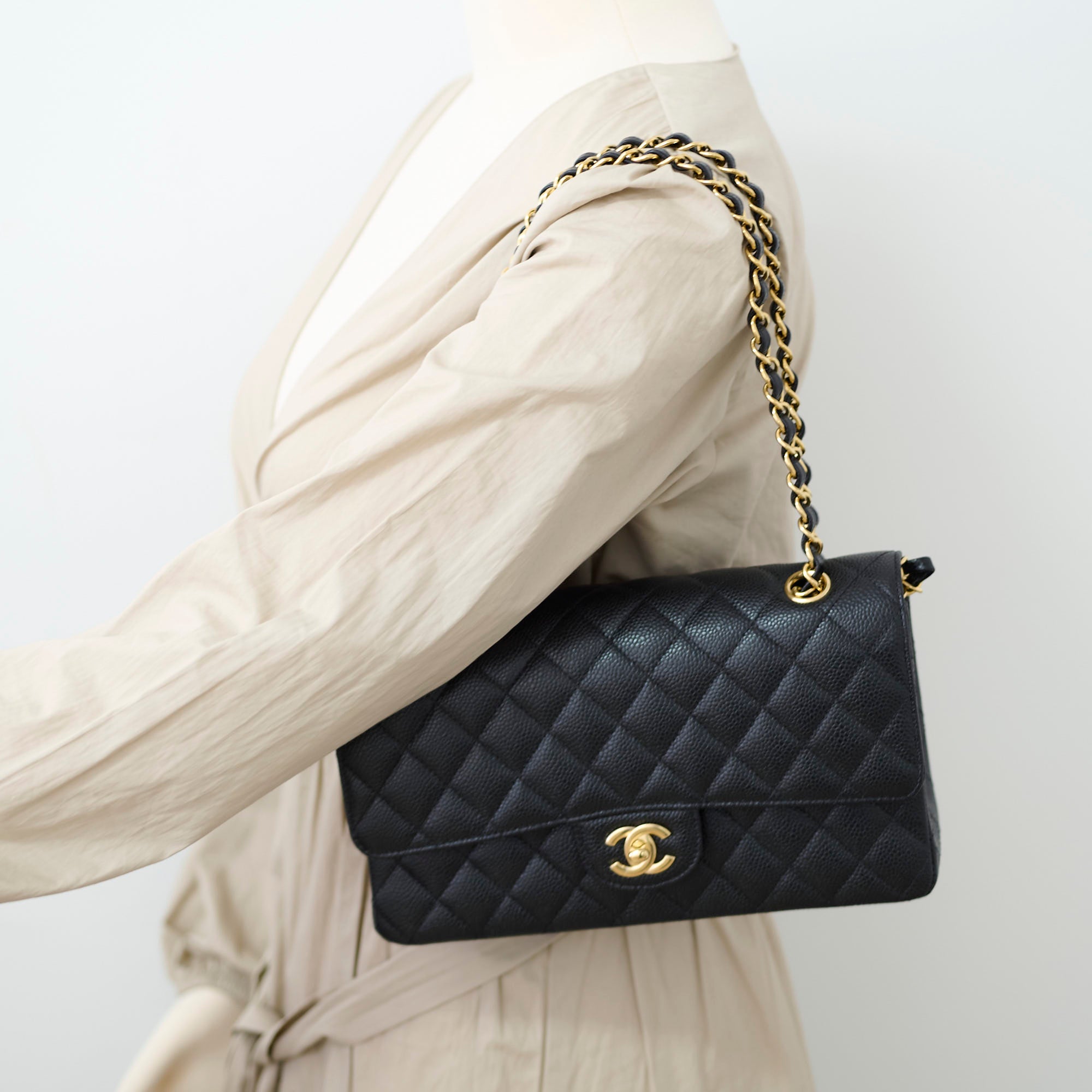 Chanel Medium/Large Caviar Leather Double Classic Flap Bag Black with Microchip - Luxury Designer Handbag for Women, Perfect for Work, Evening Events & Special Occasions