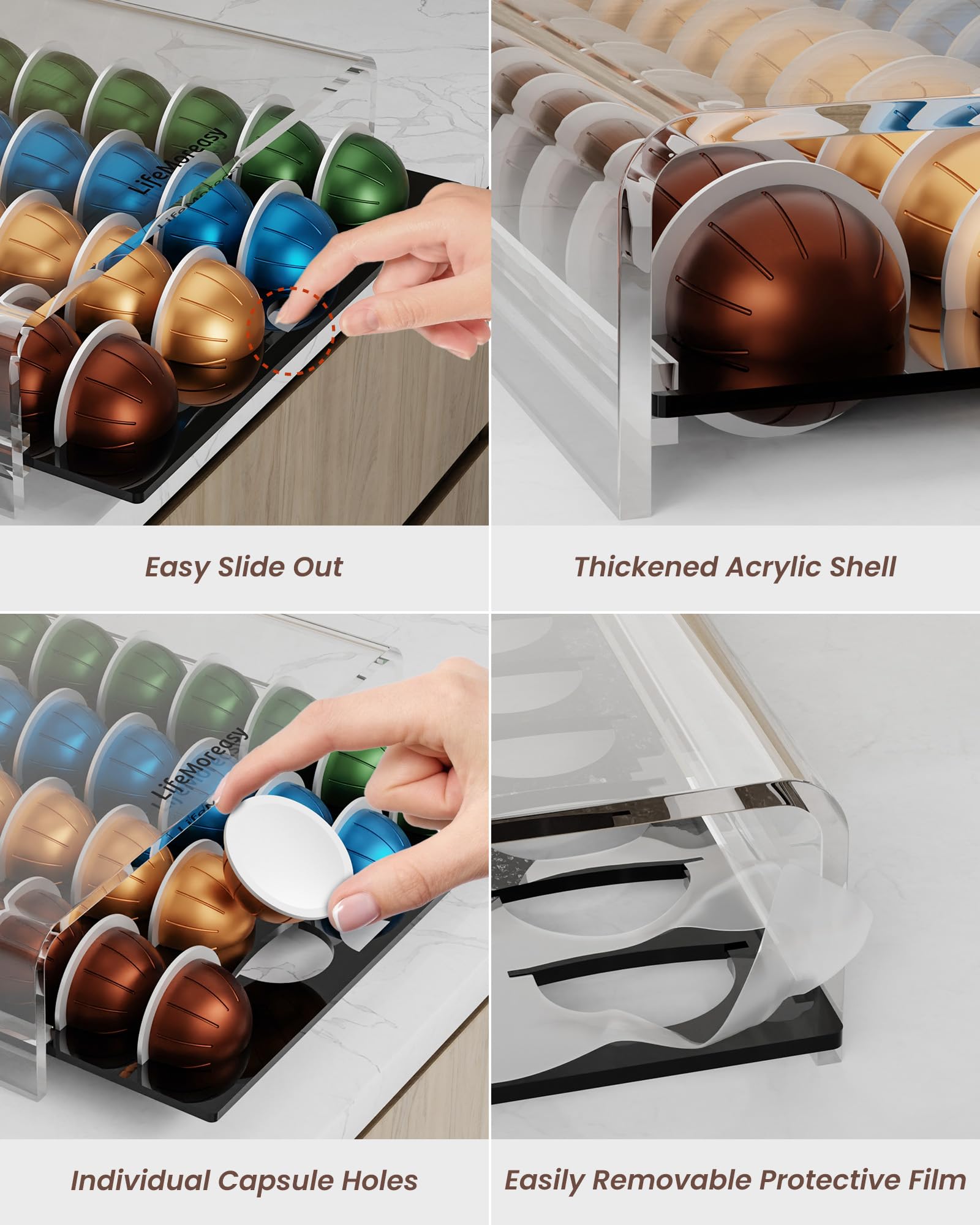 Acrylic Coffee Pod Organizer for Nespresso Vertuo - Holds 40 Capsules, Countertop Storage Drawer for Coffee Pods - Perfect for Kitchen, Office & Home Bar Organization