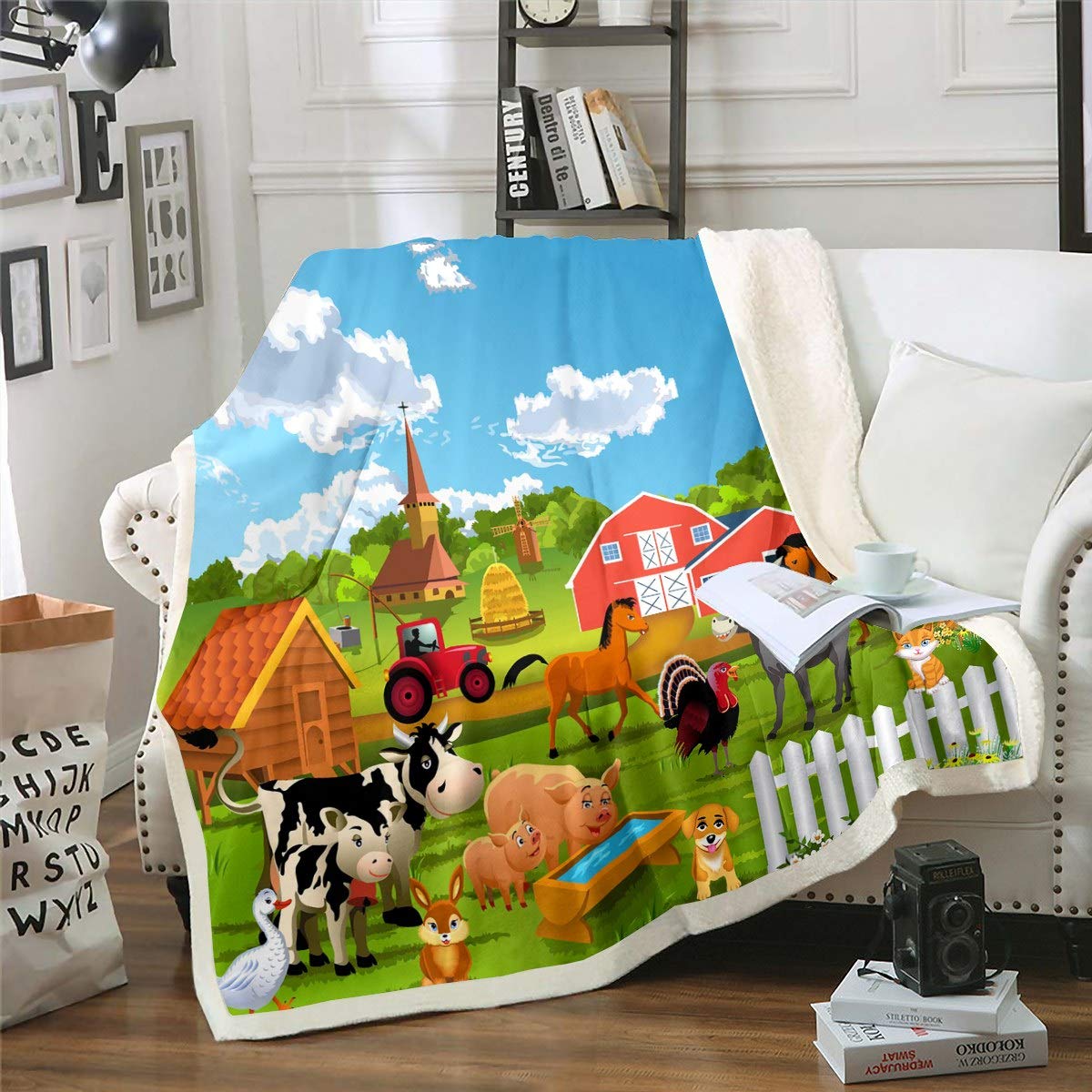 Cartoon Farmhouse Sherpa Blanket for Kids - Soft Plush Animal Throw for Sofa & Bed
