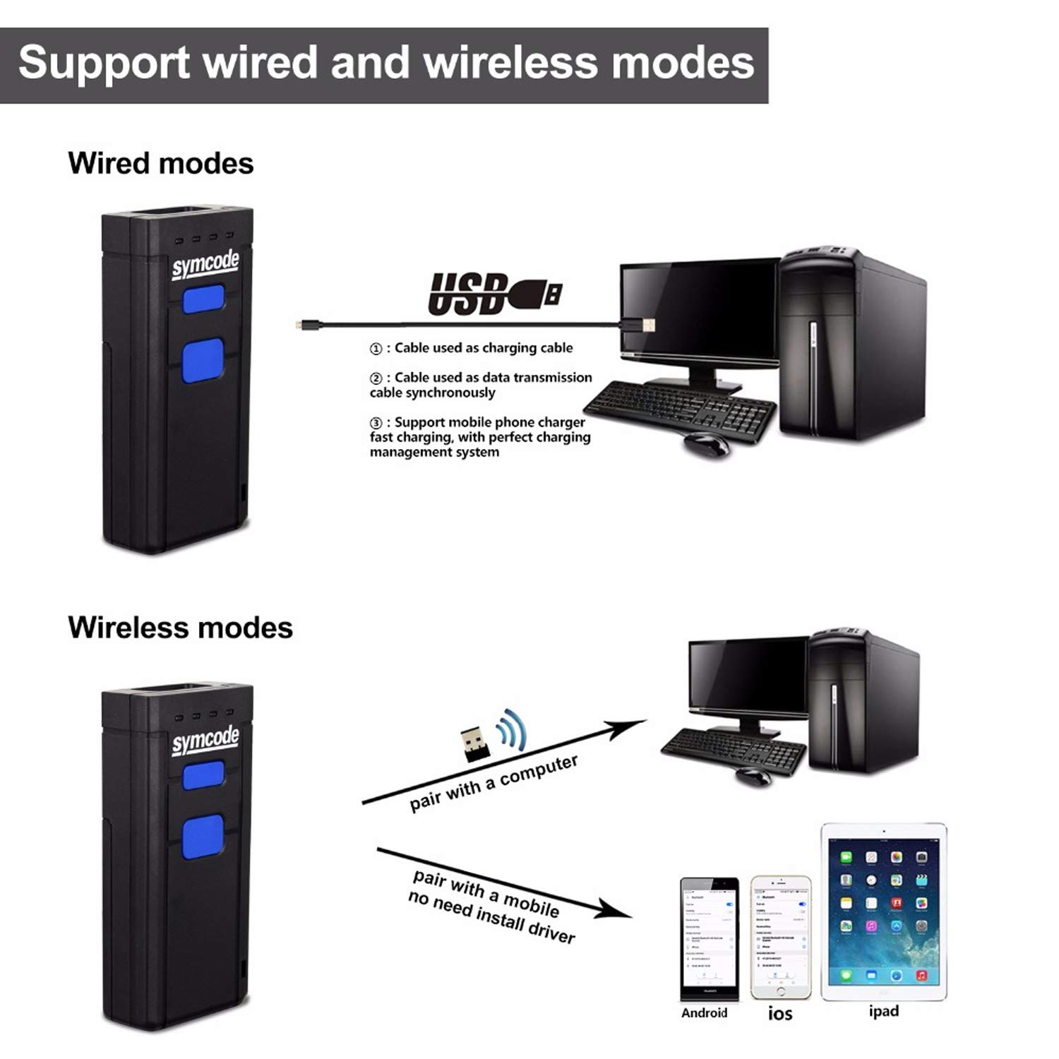 Symcode Bluetooth Wireless Barcode Scanner - 2.4GHz Portable Barcode Reader for Windows, Mac, Android, iOS Devices | Ideal for Retail Stores, Warehouses & Inventory Management