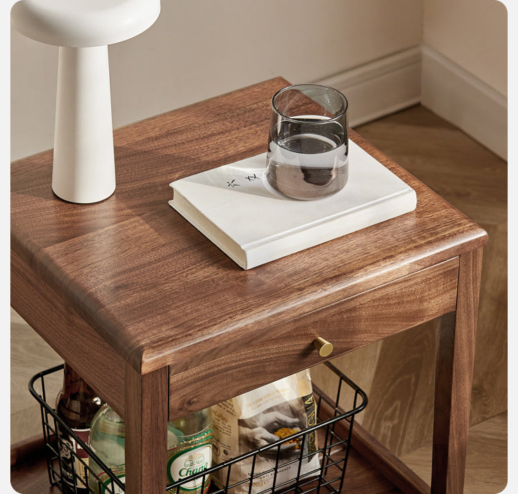 Black Walnut Solid Wood Narrow Nightstand - Modern Bedside Table with Drawer for Bedroom, Living Room & Small Spaces - Perfect for Storage & Décor