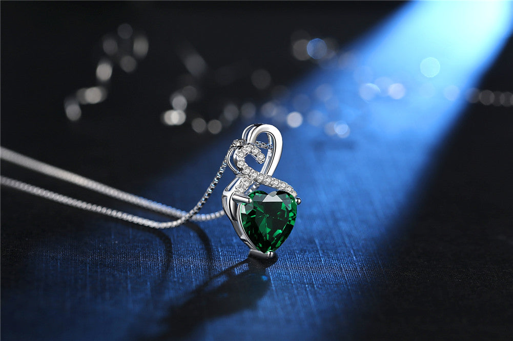 Authentic Sterling Silver Double Heart Simulated Birthstone Pendant Necklace for Women | Elegant Jewelry Gift for Her | Perfect for Anniversaries, Birthdays & Valentine's Day