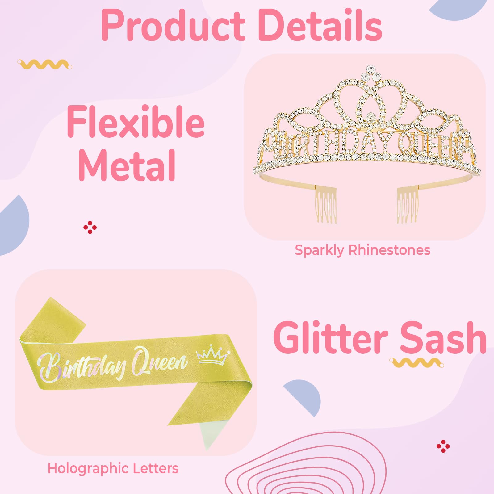 Elegant Birthday Tiara Crown with Sash for Women - Queen Party Accessories for Birthday Celebrations, Bachelorette Parties & Special Events