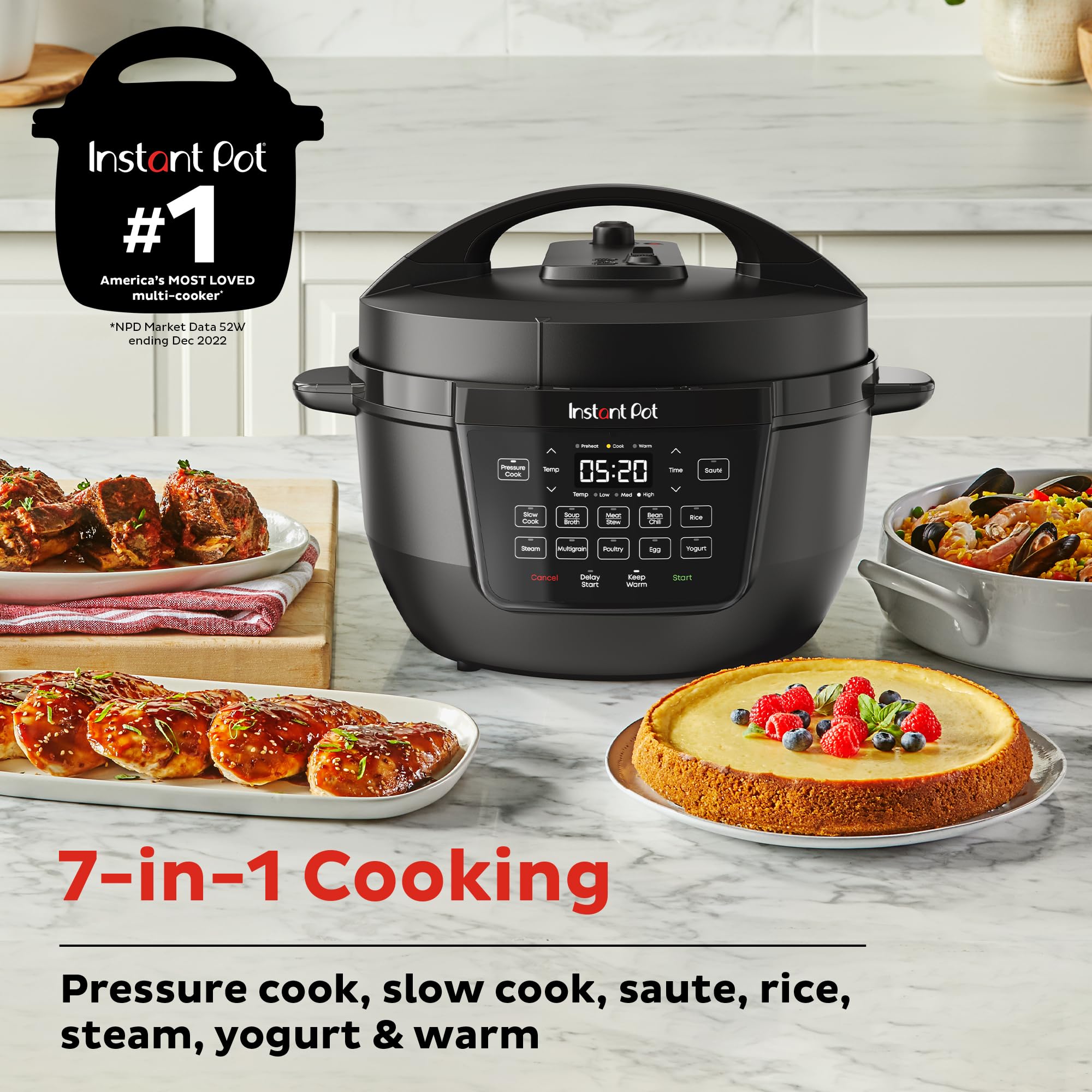 Instant Pot RIO Wide Base 7.5 Quart Electric Multi-Cooker - 7-in-1 Pressure Cooker, Slow Cooker, Rice Cooker, Steamer, Sauté Pan, Yogurt Maker & Food Warmer with Large Searing Base & WhisperQuiet Steam Release - Perfect for Family Dinners, Meal Prep & Healthy Cooking