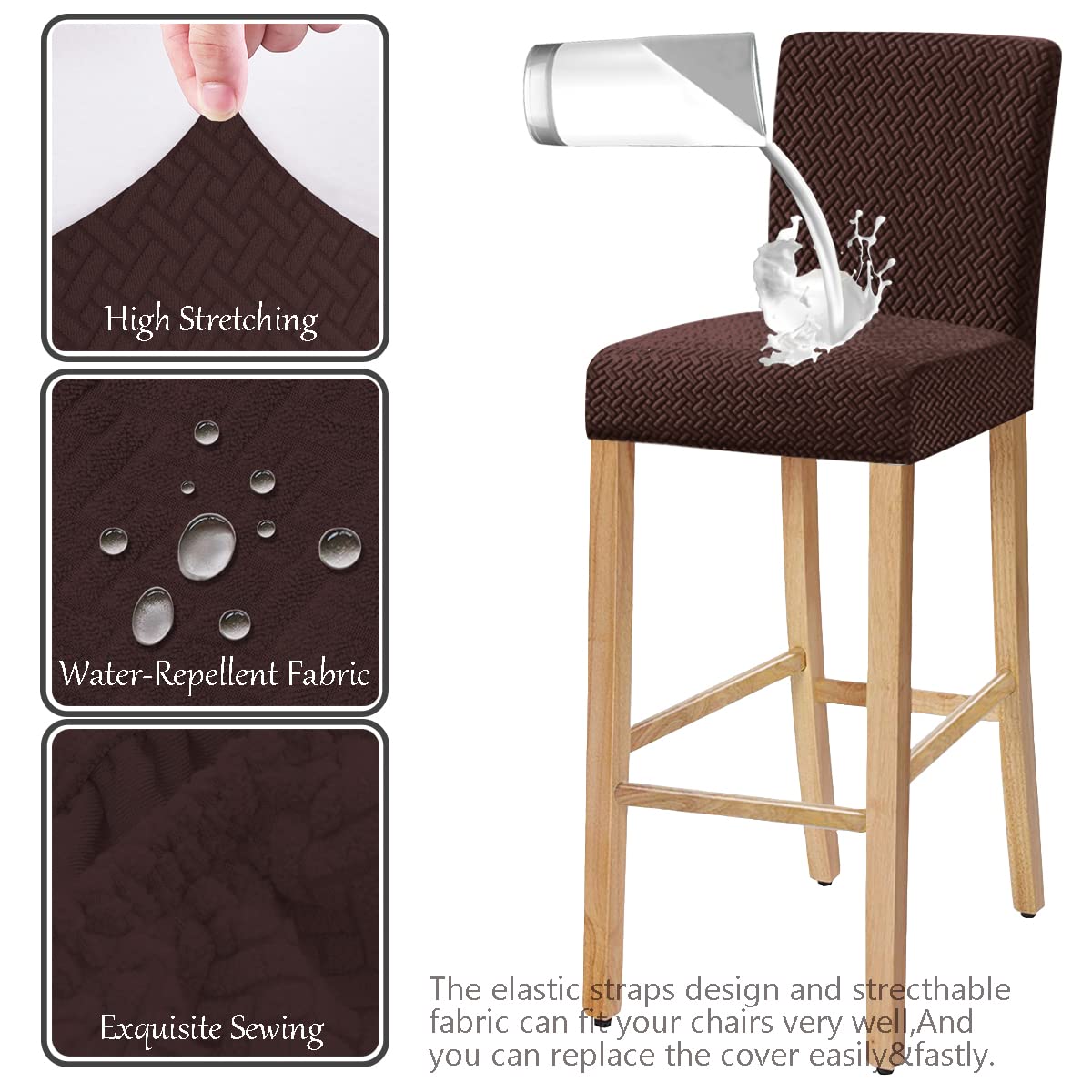Stretch Jacquard Bar Chair Covers with Backrest - Washable & Removable Slipcovers for Dining Chairs, Bar Stools & Rotating Chairs (Set of 4, Coffee Brown) - Perfect for Home, Cafe & Restaurant Decor