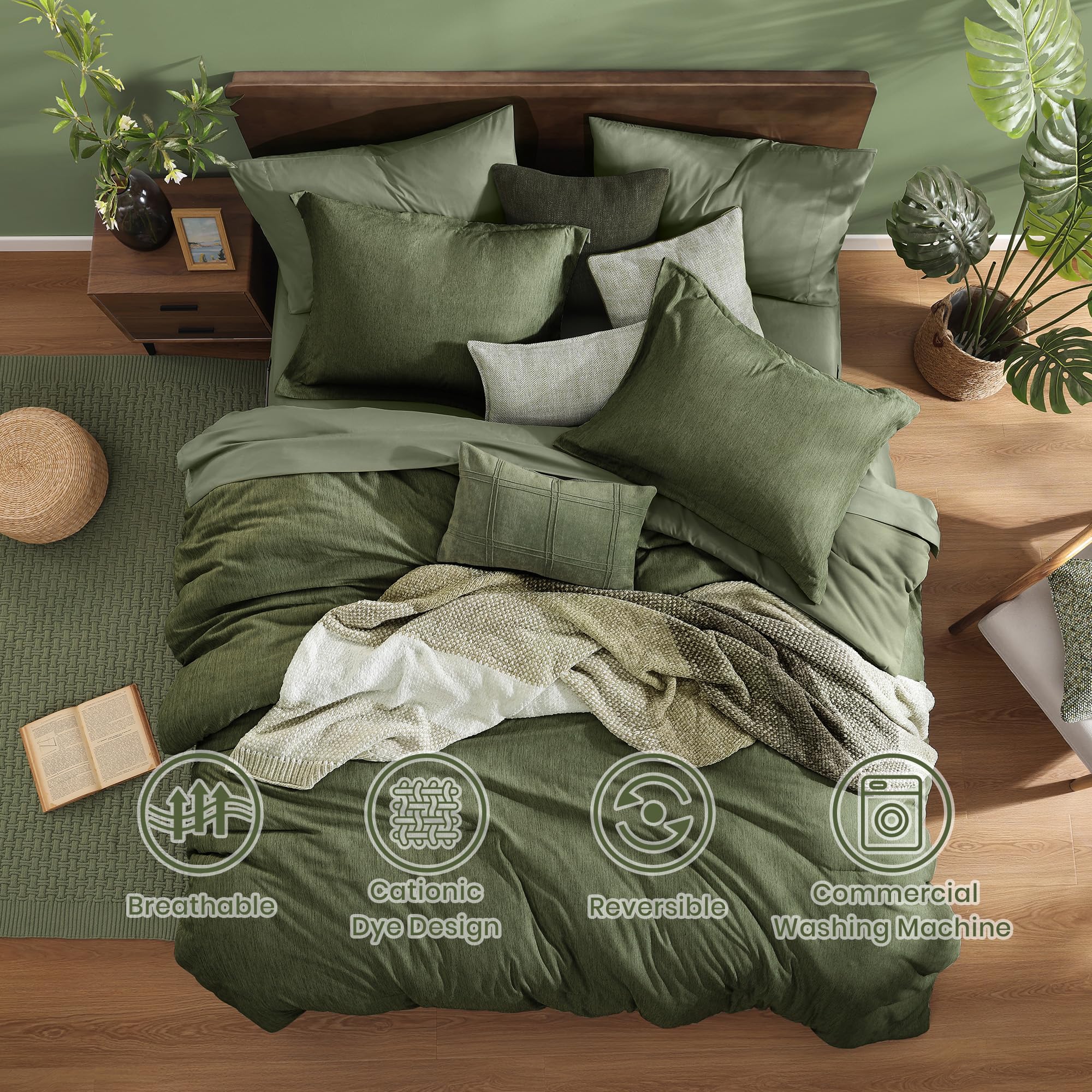 Monbix Queen Comforter Set - 7 Piece Olive Green Reversible Bedding Set with Comforter, Sheets & Pillowcases | Cationic Dyeing Technology | Perfect for Master Bedroom, Guest Room & Dorm Decor