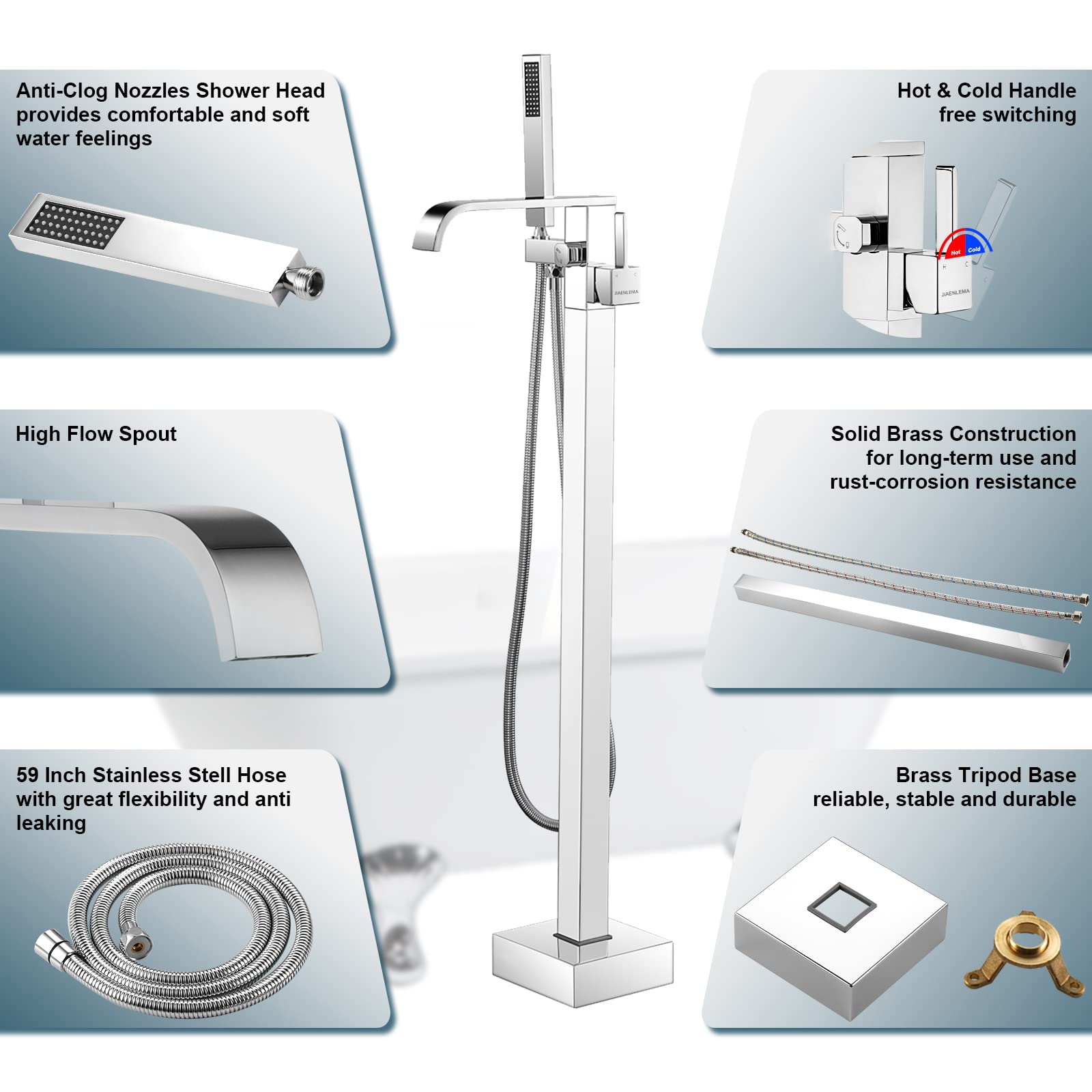 Freestanding Bathtub Faucet Set - Polished Chrome Floor Mount Tub Filler with Single Handle & 59