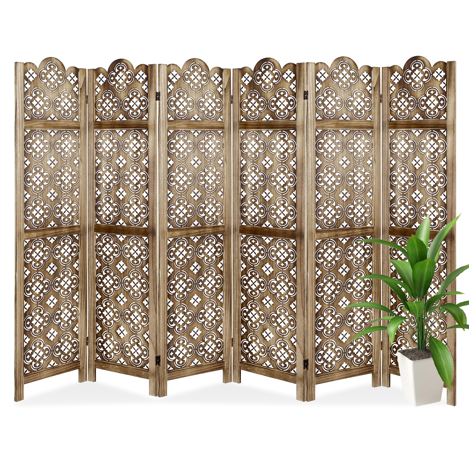 Hand Carved Vintage Style 6-Panel Room Divider - ECOMEX Folding Privacy Screen with Retro Flower Pattern in Brown | Perfect for Living Room, Bedroom Partition & Home Office Space Divider