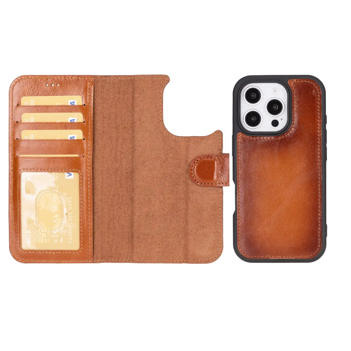 Premium Burnished Tan Leather Wallet Case for iPhone 16 Pro - Slim Protective Cover with Card Slots | Perfect for Everyday Use, Travel & Business