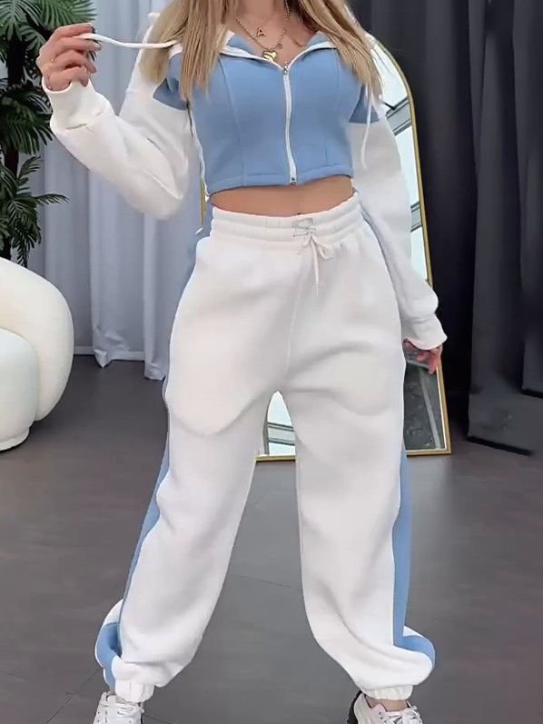 ZASUWA Women's Contrast Color Pocket Casual Tracksuit Set - Comfortable Jogging Outfit for Gym, Running, Travel & Lounge Wear