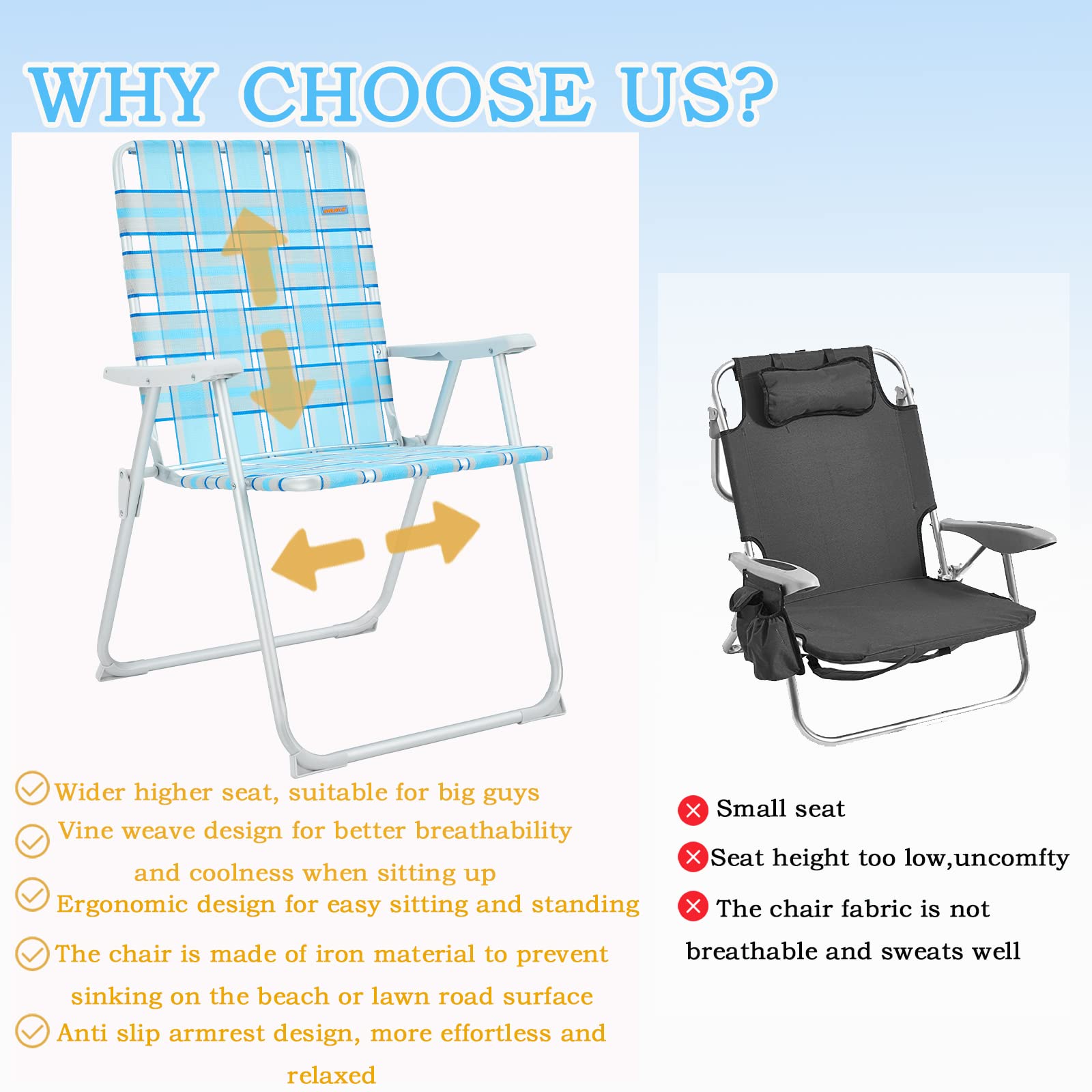 WEJOY Extra Wide Oversized Folding Beach Chair - Lightweight Aluminum Frame & Webbed Design for Adults - Portable Camping, Lawn, and Outdoor Chairs - Perfect for Beach, Backyard, Picnics, and Indoor Use