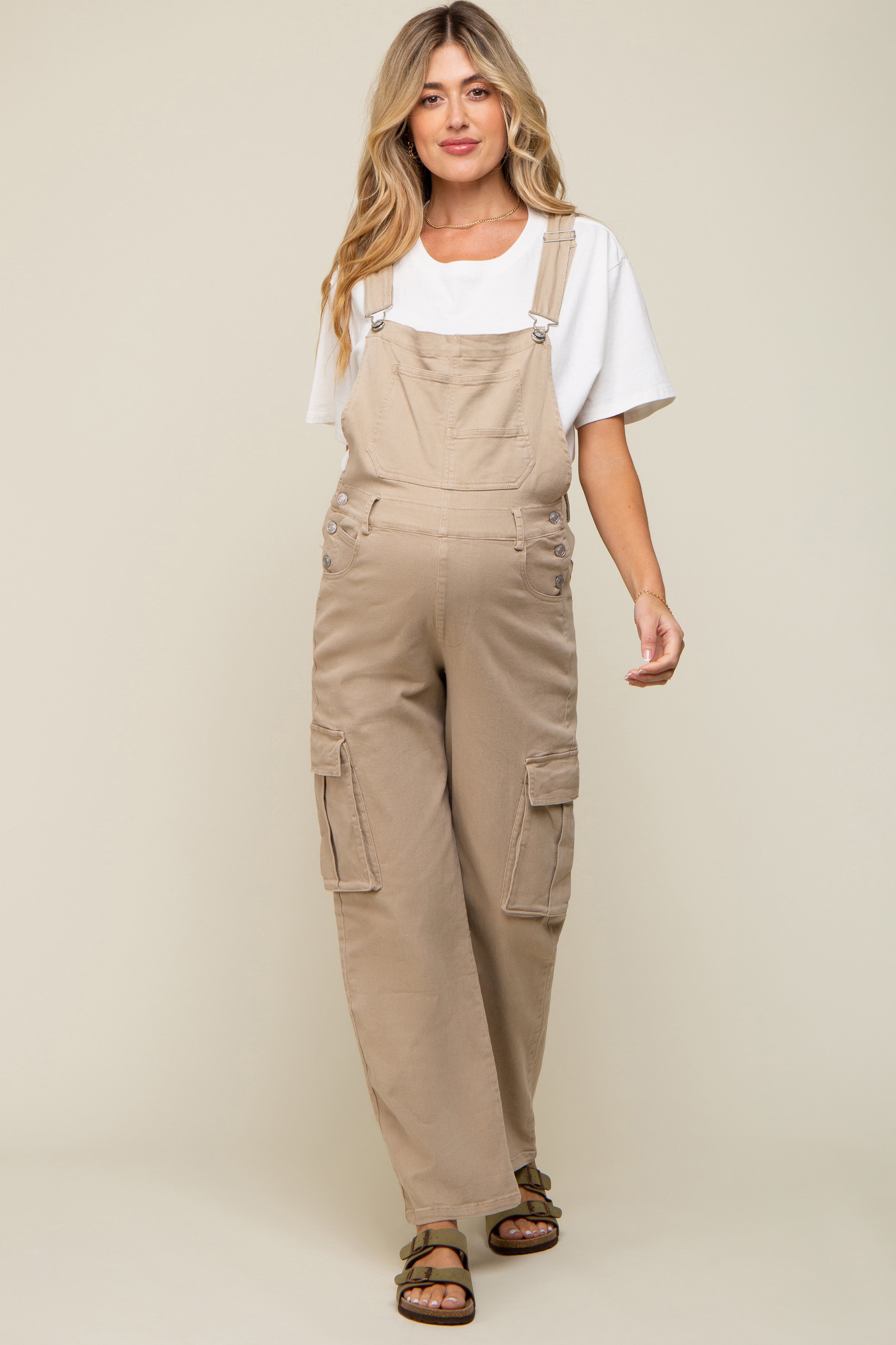 Stylish Beige Maternity Overalls with Cargo Pockets - Comfortable Denim Jumpsuit for Pregnant Women - Perfect for Casual Outings, Shopping & Outdoor Activities