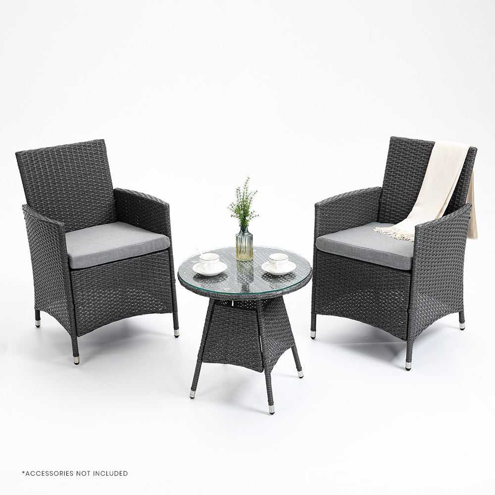3 Piece Outdoor Patio Furniture Set - Grey Wicker Table and Chairs for Garden, Backyard, Poolside & Balcony Relaxation