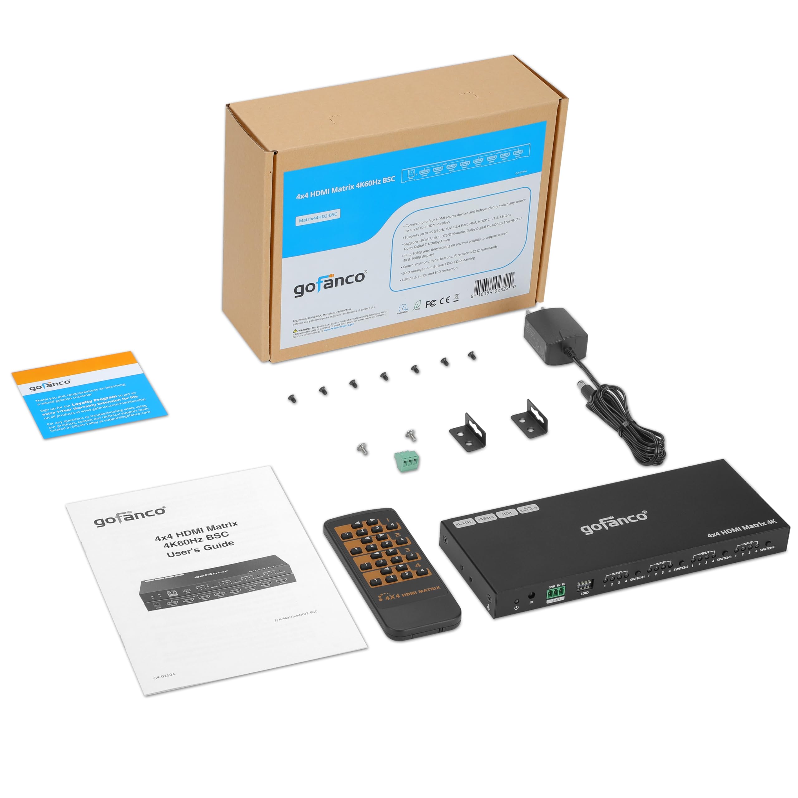 gofanco 4K 4x4 HDMI Matrix Switch - 4K 60Hz 4:4:4 HDR, HDCP 2.2/1.4, Auto Downscaling, EDID Management, 7.1ch Audio & Atmos, Surge Protection (4 in 4 Out) - Perfect for Home Theater, Gaming & Multi-Room AV Systems