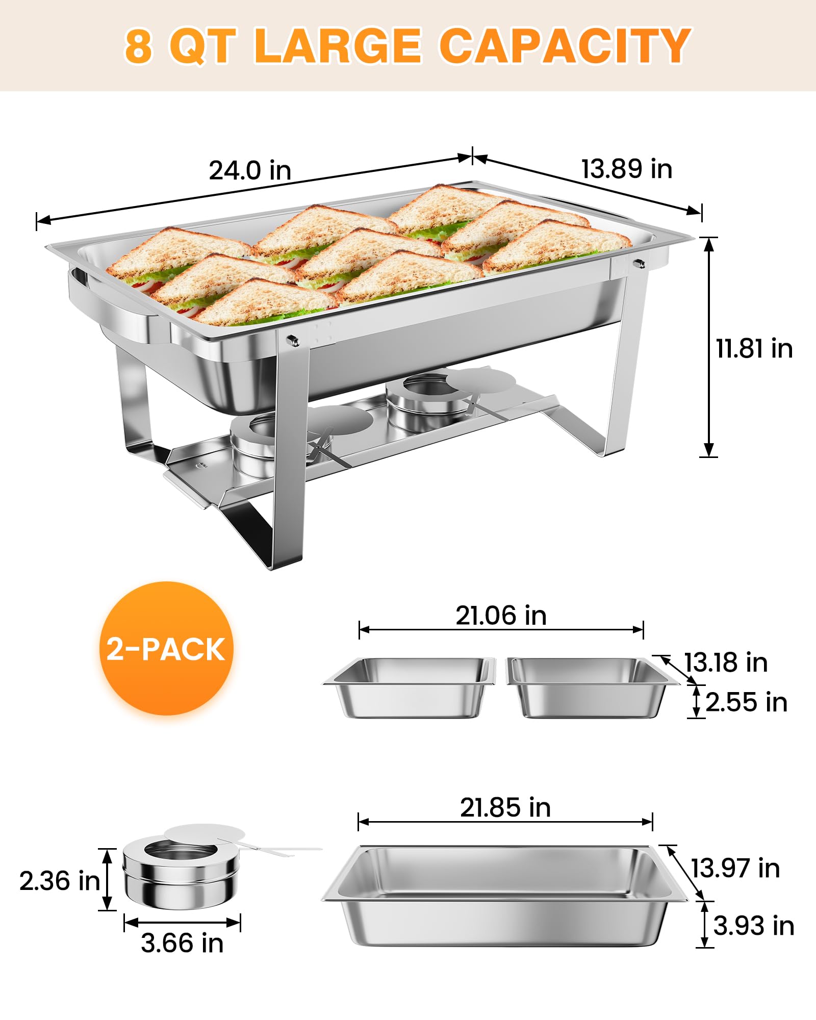 2 Pack 8QT Stainless Steel Chafing Dish Buffet Set - Complete Catering Food Warmer with Water Pan & Fuel Holder for Parties, Weddings, Events & Buffet Serving