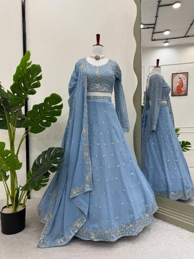 Powder Blue Rivet Moti & Sequins Embroidered Lehenga Choli Set for Women - Indian Bridal Wear, Wedding Party Outfit, Festive Occasion Costume