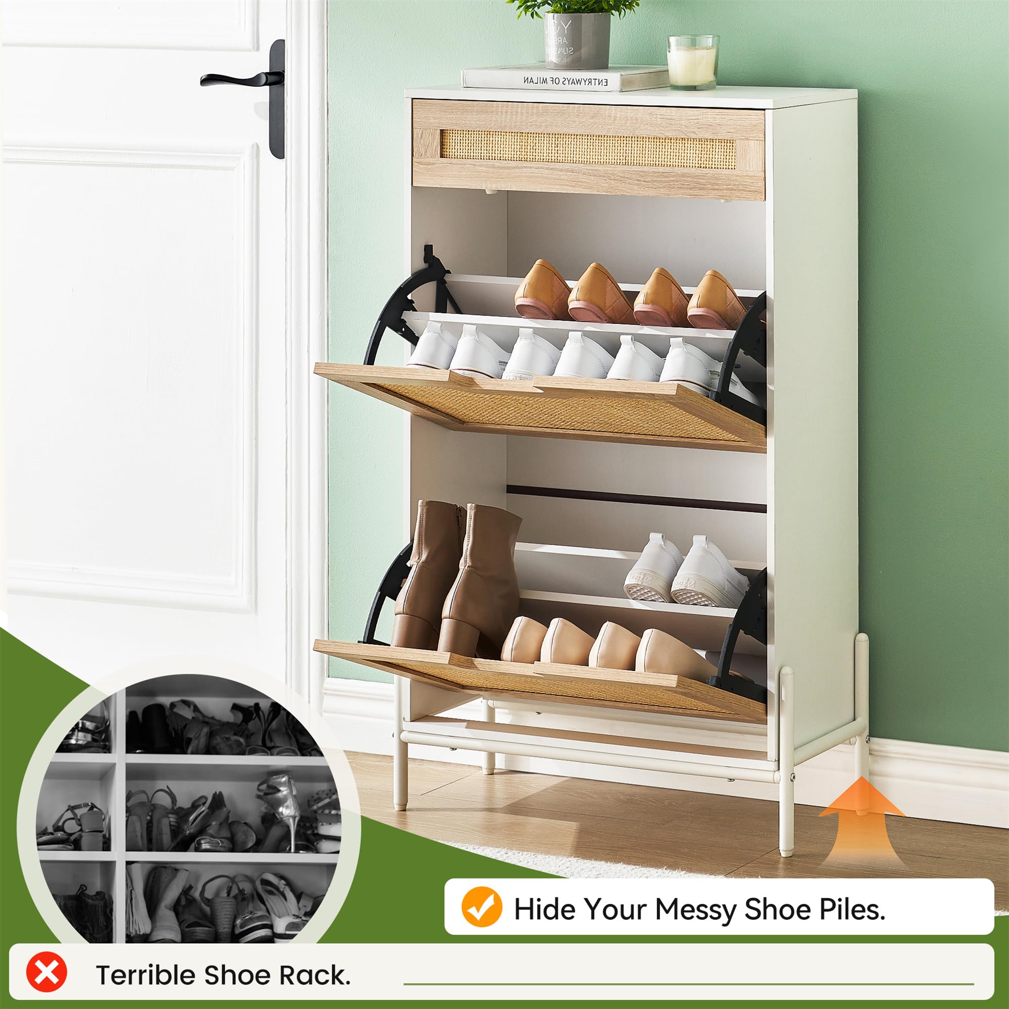 IDEALHOUSE Natural Rattan 2-Door Shoe Cabinet with Drawer - Freestanding Shoe Storage Organizer for Entryway, 3-Tier Adjustable Shelves - Perfect for Slippers, Sneakers, Heels & Boots | Ideal for Small Spaces, Apartments & Closet Organization