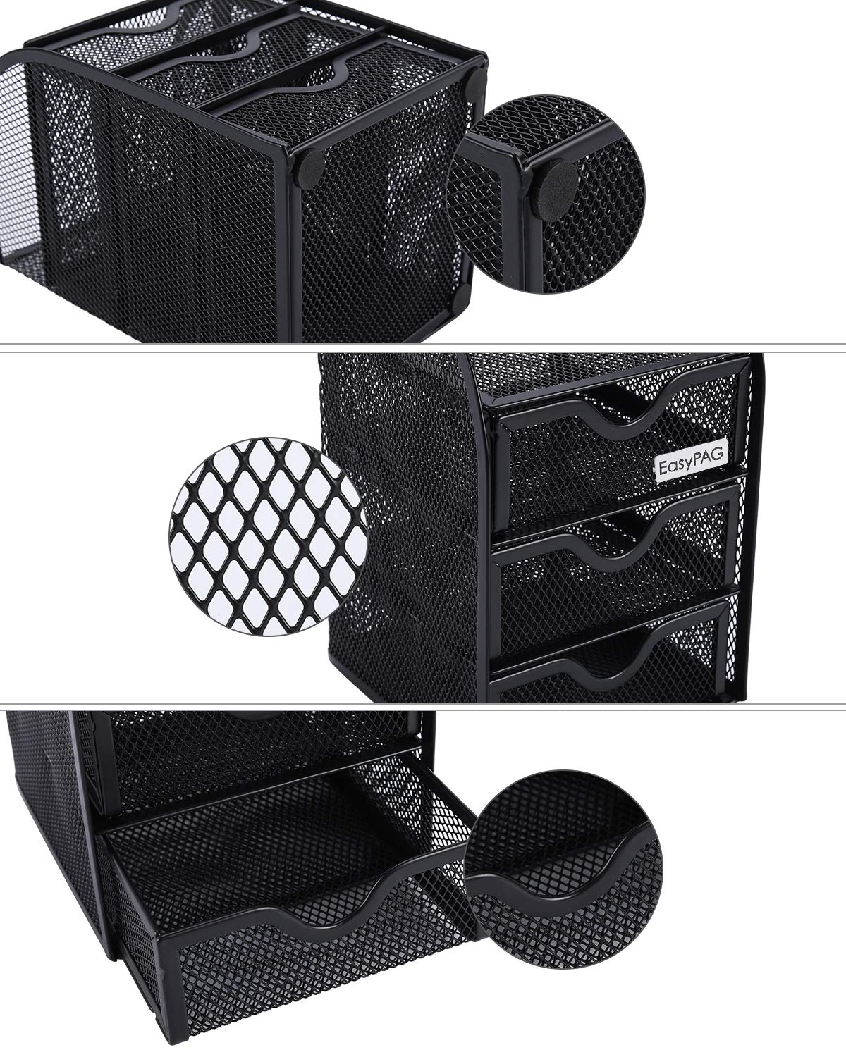 EasyPAG Mesh Desk Organizer with 3 Drawers - Office Desktop Organizer & Stationery Caddy for Home, School, Work - Perfect for Organizing Pens, Papers, and Office Supplies (Black)