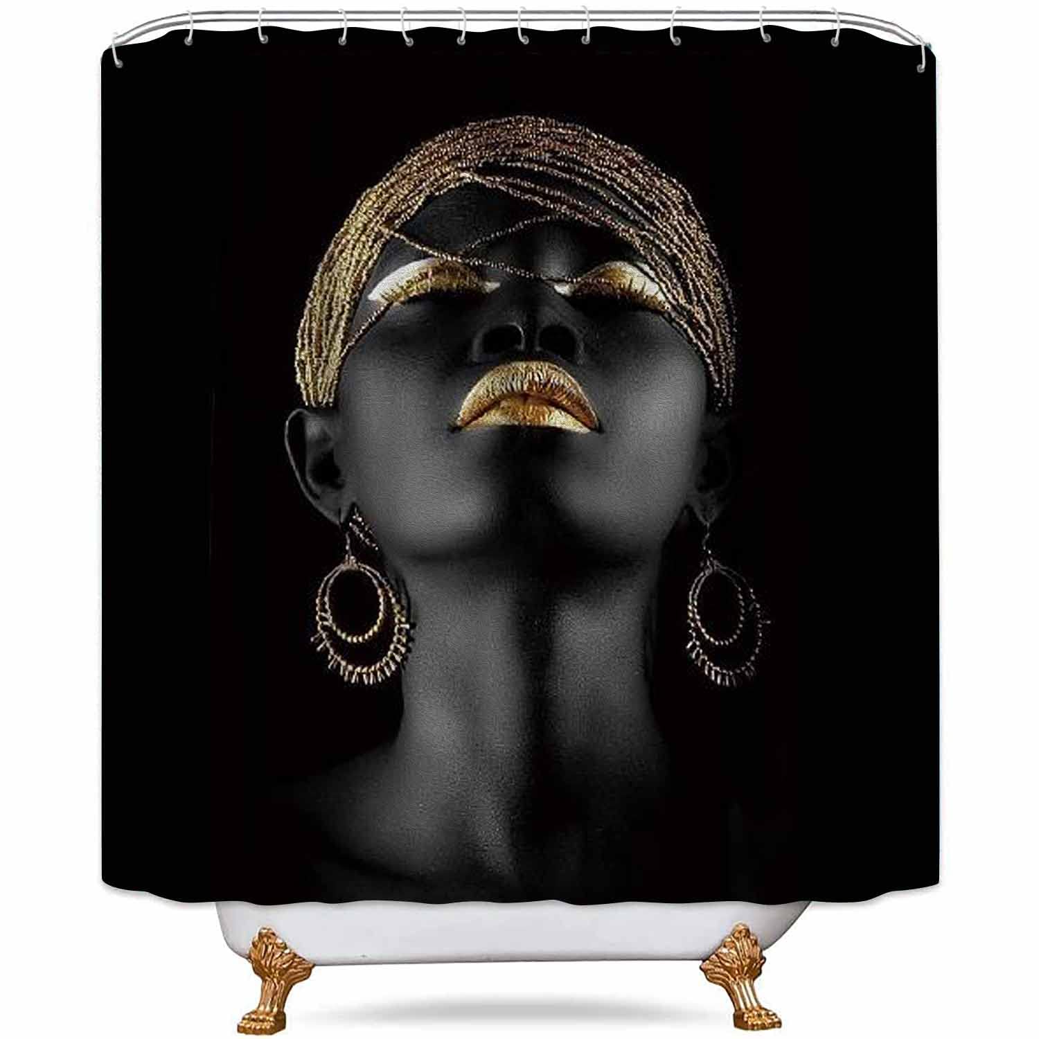 Black Afro Girl Shower Curtain with Golden Lips Design - 72x72 Inch Washable Polyester Fabric Bathroom Decor Set Includes 12 Hooks - Perfect for Afrocentric Bathroom Themes, Black Girl Magic Decor & Modern Home Accessories