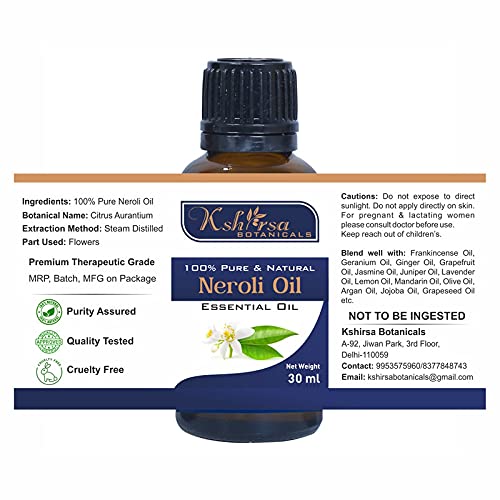 Pure & Premium Undiluted Neroli Essential Oil (Citrus Aurantium) - 100% Natural for Skin Care, Hair Treatment & Aromatherapy - Steam Distilled 30ml - Perfect for Massage, Diffuser & DIY Beauty Products