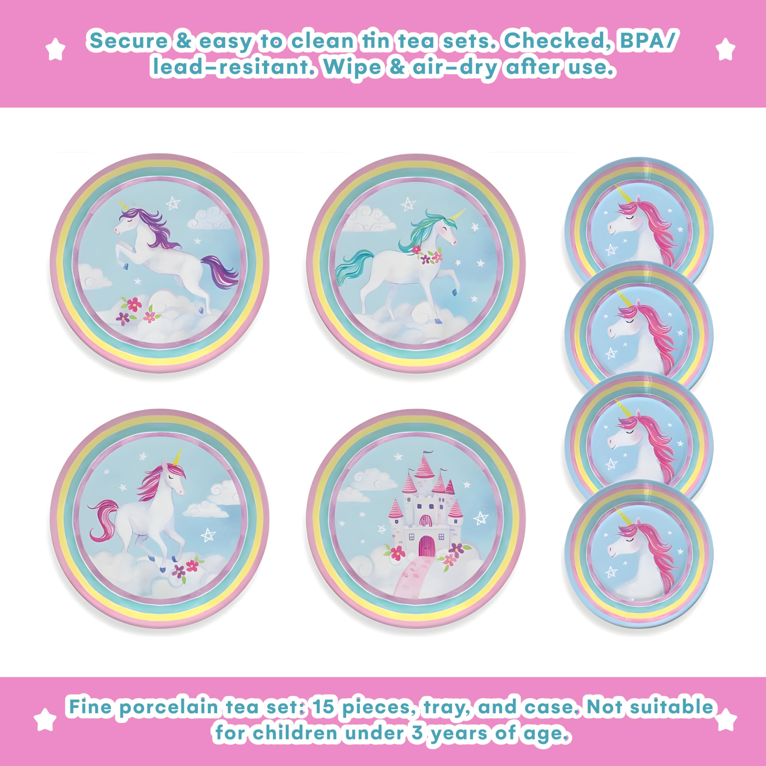Jewelkeeper 15-Piece Kids Tea Set for Little Girls - Unicorn Design Tin Tea Party Set with Cups, Saucers, Plates & Serving Tray - Pretend Play Princess Tea Time Toy for Toddlers - Perfect for Birthday Gifts, Tea Parties & Indoor Pretend Play