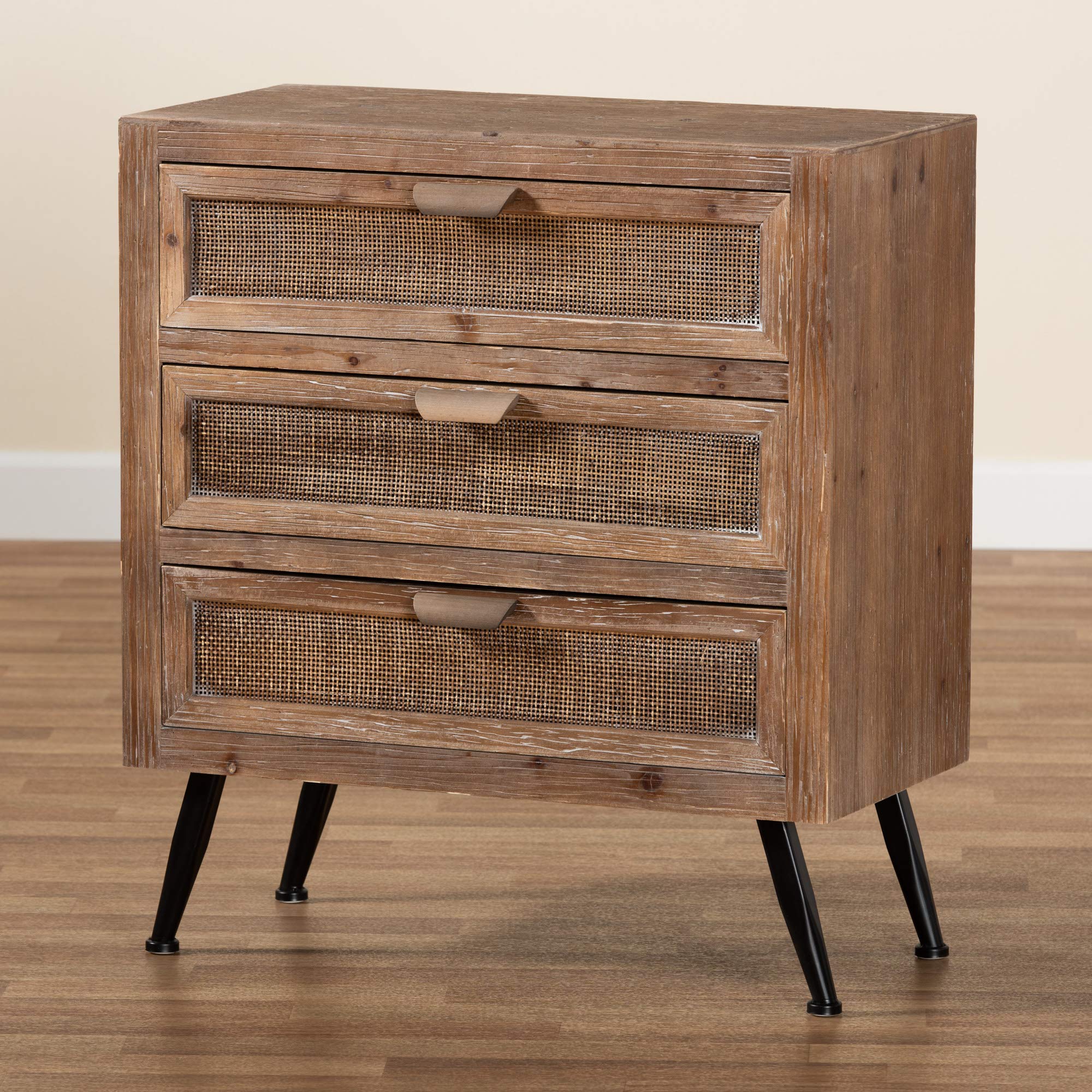 Baxton Studio Calida Mid-Century Modern 3-Drawer Storage Cabinet - Whitewashed Natural Brown Wood & Rattan - Perfect for Bedroom, Living Room, or Home Office Organization