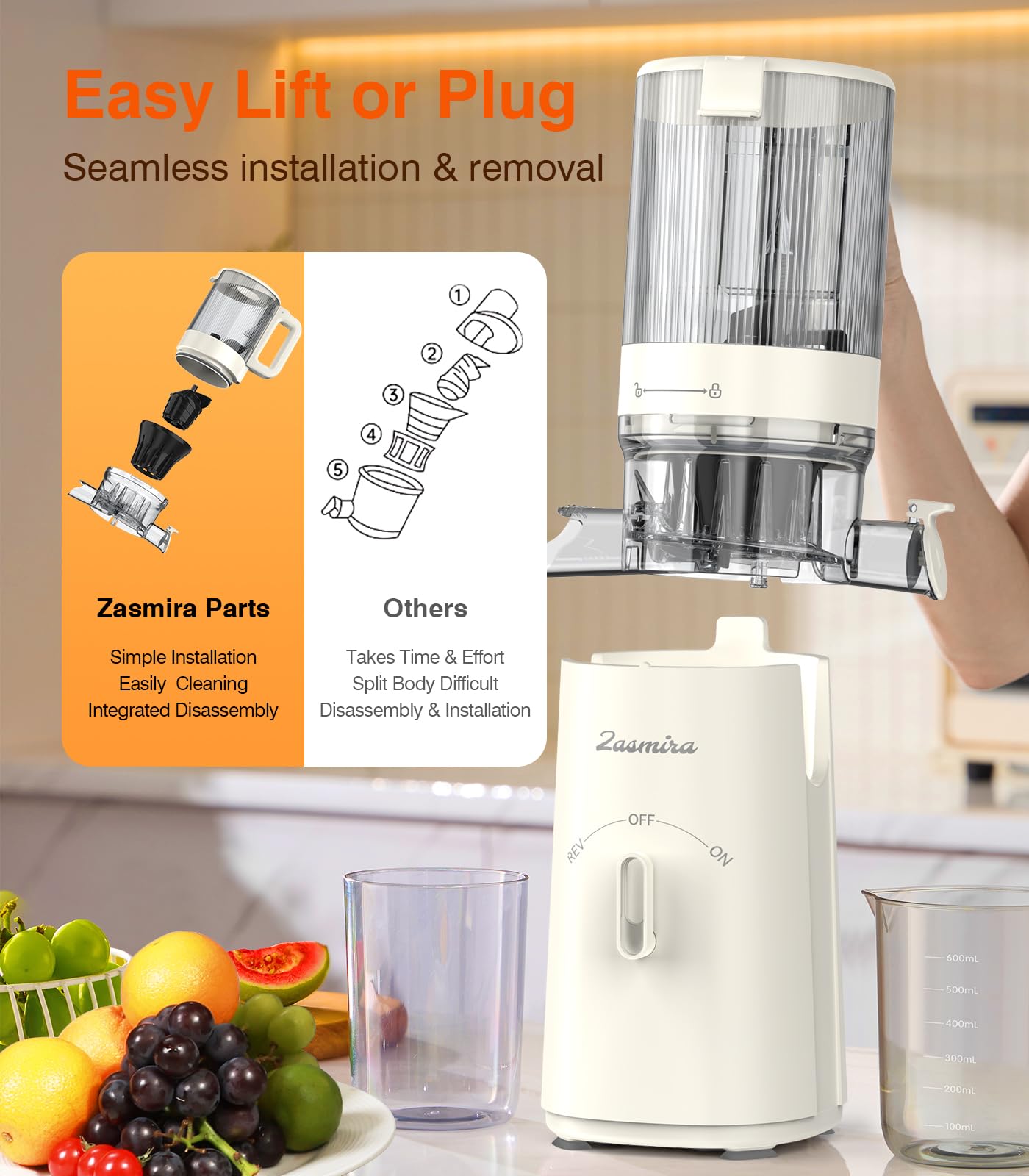 Premium Cold Press Juicer Machine - Zasmira Slow Masticating Juicer with Wide 3