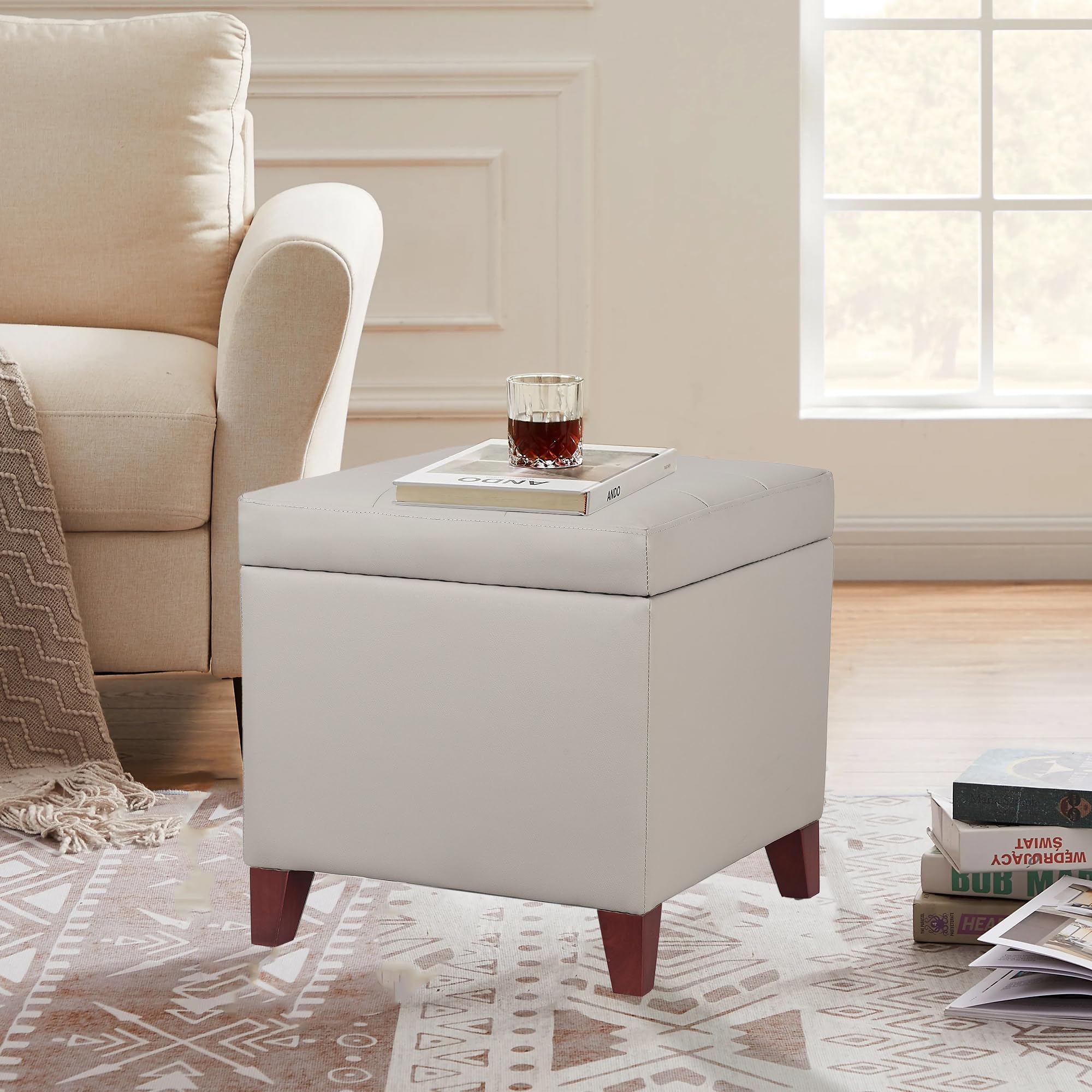 Homebeez Tufted Faux Leather Storage Ottoman - Square Cube Foot Rest Stool with Flip Top Lid, Beige - Perfect for Living Room, Bedroom & Home Office Organization