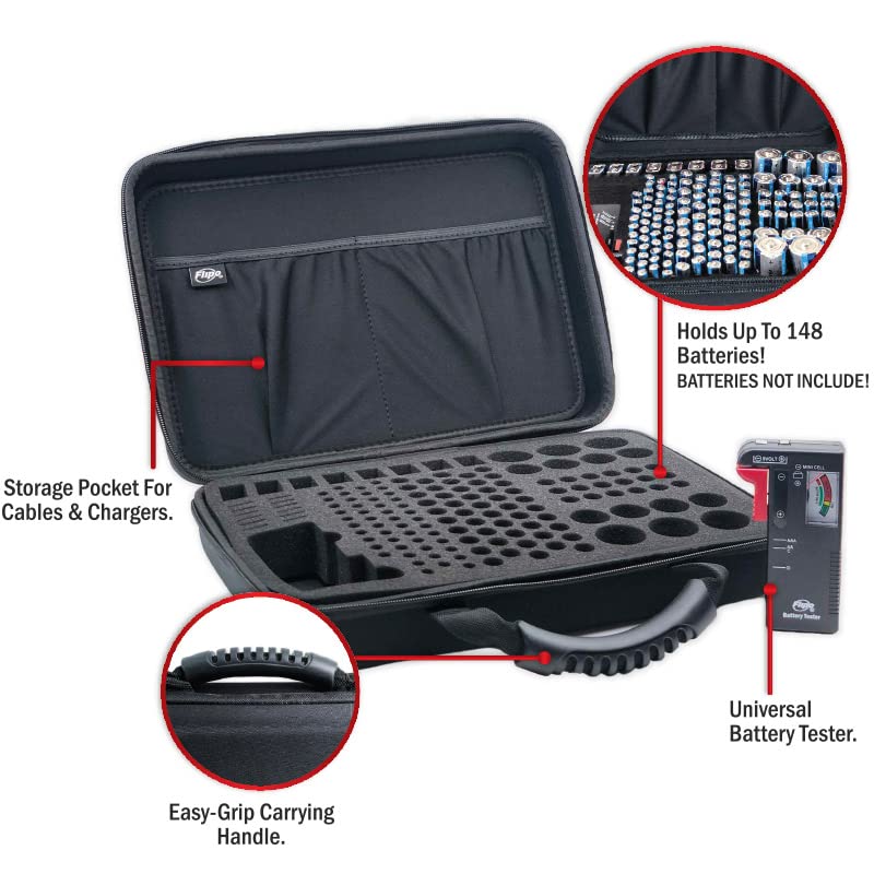 Flipo Large Slate Battery Storage Case with Tester - Portable AA AAA C D 9V Battery Organizer with Foam Insert & Handle - Holds 148+ Batteries - Perfect for Home, Office, Travel & Emergency Kits