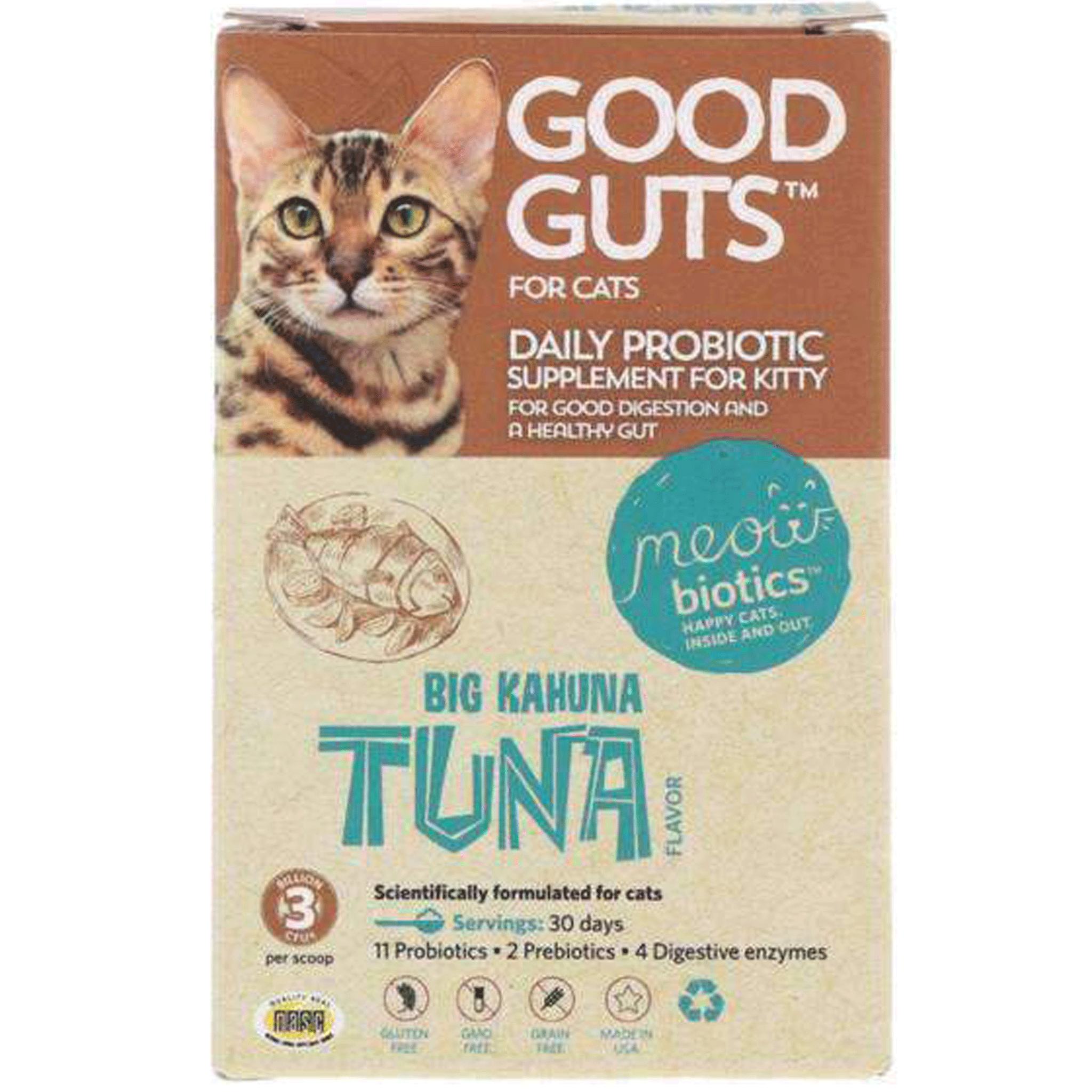 Meowbiotics Good Guts Probiotic Cat Supplement for Digestive Health - Big Kahuna Tuna Flavor | Supports Gut Flora & Immune System for Cats | Ideal for Picky Eaters & Sensitive Stomachs