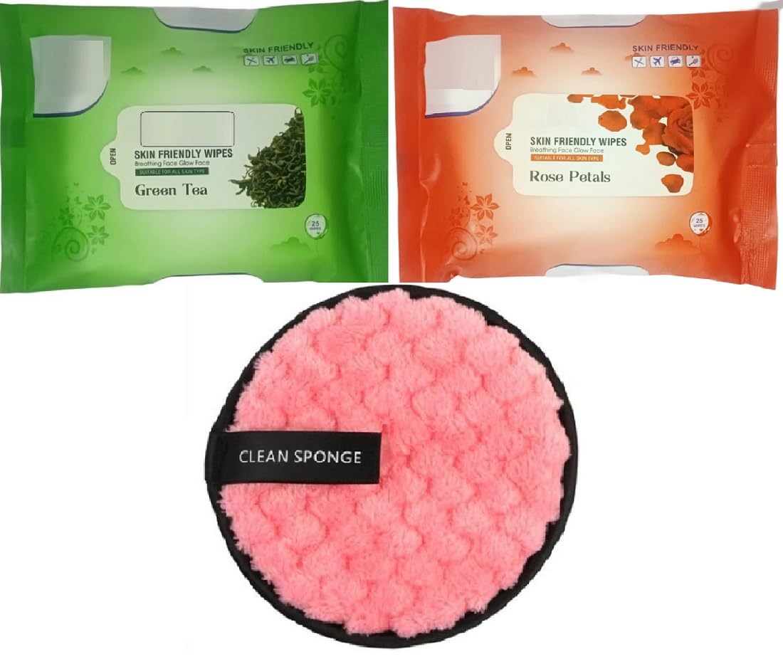 Facejewel Hypoallergenic Makeup Remover Wipes with Rose Petals & Green Tea - 50 Count Reusable & Skin-Friendly Cleansing Pads for All Skin Types | Gentle Exfoliation, Daily Makeup Removal & Post-Workout Refresh
