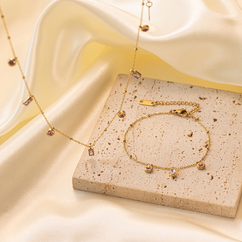 18K Gold Plated Baguette Charm Necklace & Pink Bracelet Set - Elegant Jewelry Gift for Women | Perfect for Valentine's Day, Anniversary & Special Occasions | JDN434