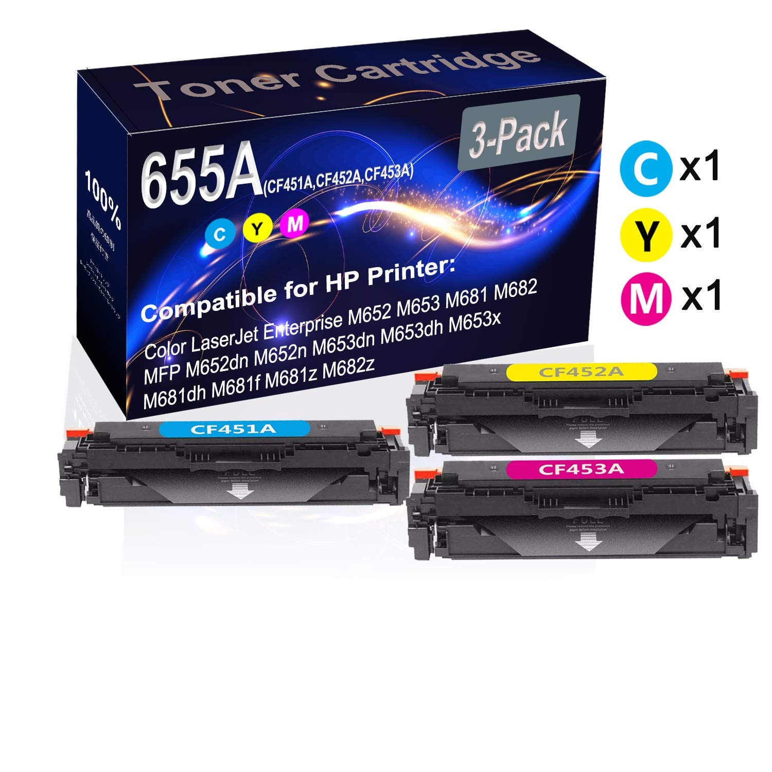 3-Pack (Cyan+Yellow+Magenta) High-Capacity Compatible Laser Toner Cartridge for HP 655A (CF451A/CF452A/CF453A) - Works with HP M652dn/M652n/M653dn/M653dh/M653x & MFP M681/M682 Printers | Ideal for Office Printing, Document Reproduction & High-Volume Business Use