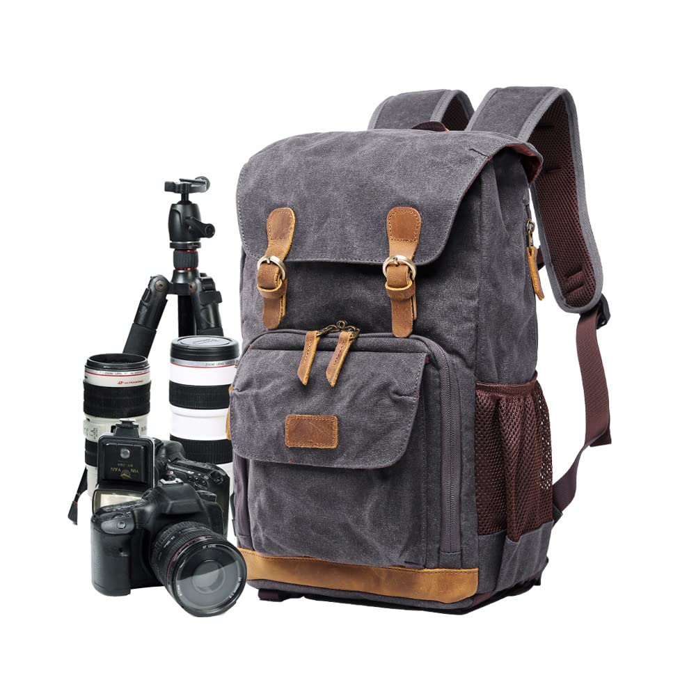 YUHAN Professional DSLR Camera Backpack - Large Waterproof Canvas SLR/DSLR Bag with Front Open & Anti-Shock Protection | Perfect for Travel Photography & Outdoor Shooting (Gray)