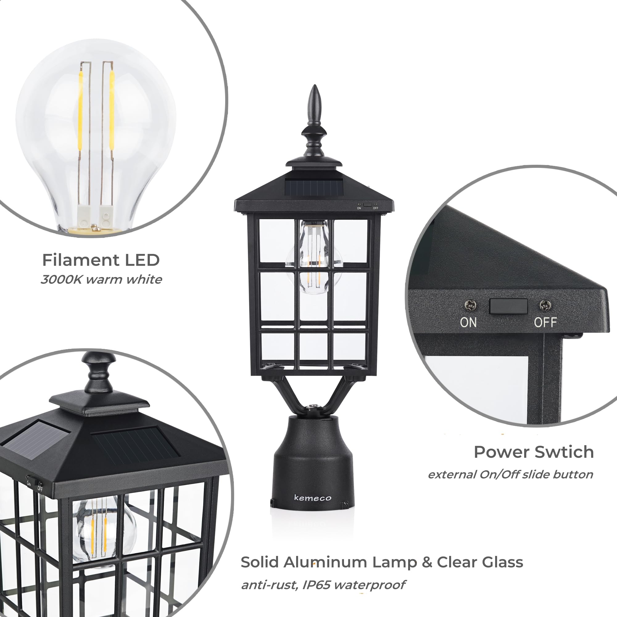 Kemeco 2 Pack Outdoor Solar Post Lights with Pier Mount Base - ST4224Q Black Cast Aluminum Waterproof LED Lamp for Yard, Garden, Pathway (Warm White) | Perfect for Lighting Driveways, Walkways, and Landscape Pillars